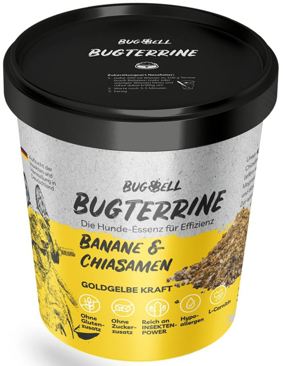 Artikel mit dem Namen BugBell Dog BugTerrine Adult gelb Banane + Chiasamen im Shop von zoo.de , dem Onlineshop für nachhaltiges Hundefutter und Katzenfutter.