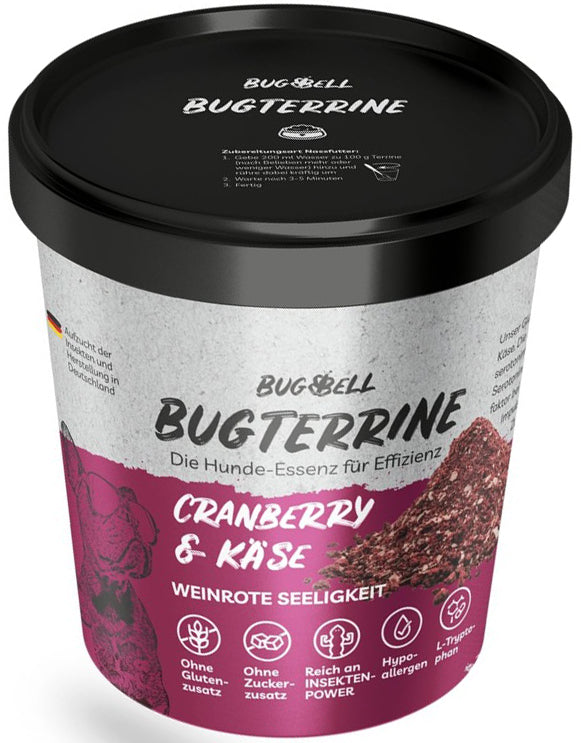 Artikel mit dem Namen BugBell Dog BugTerrine Adult rot Cranberry + Käse im Shop von zoo.de , dem Onlineshop für nachhaltiges Hundefutter und Katzenfutter.