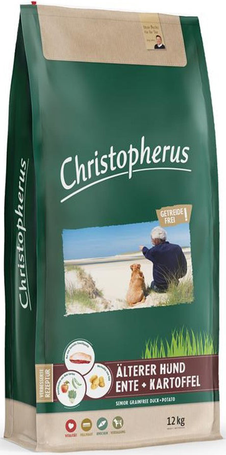 Artikel mit dem Namen Christopherus Getreidefrei Senior Ente & Kartoffel im Shop von zoo.de , dem Onlineshop für nachhaltiges Hundefutter und Katzenfutter.