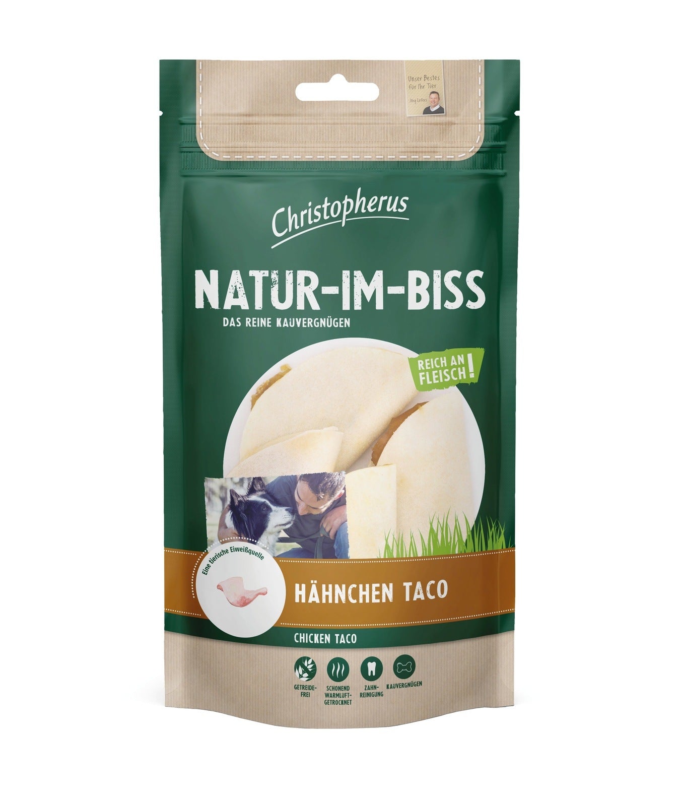 Artikel mit dem Namen Christopherus Snack Hähnchen Taco im Shop von zoo.de , dem Onlineshop für nachhaltiges Hundefutter und Katzenfutter.