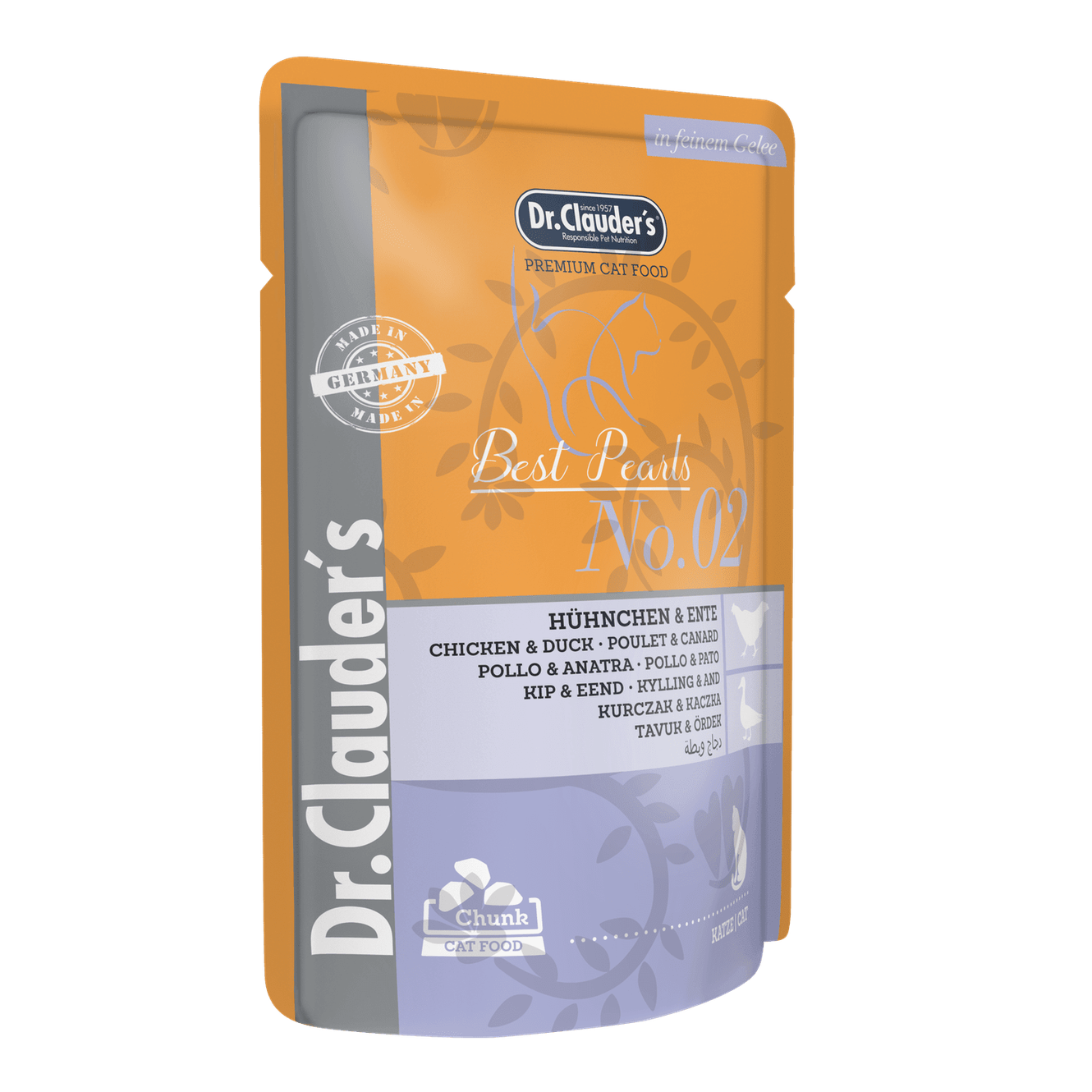 Artikel mit dem Namen Dr.Clauder's Cat Hühnchen+Ente Gelee im Shop von zoo.de , dem Onlineshop für nachhaltiges Hundefutter und Katzenfutter.