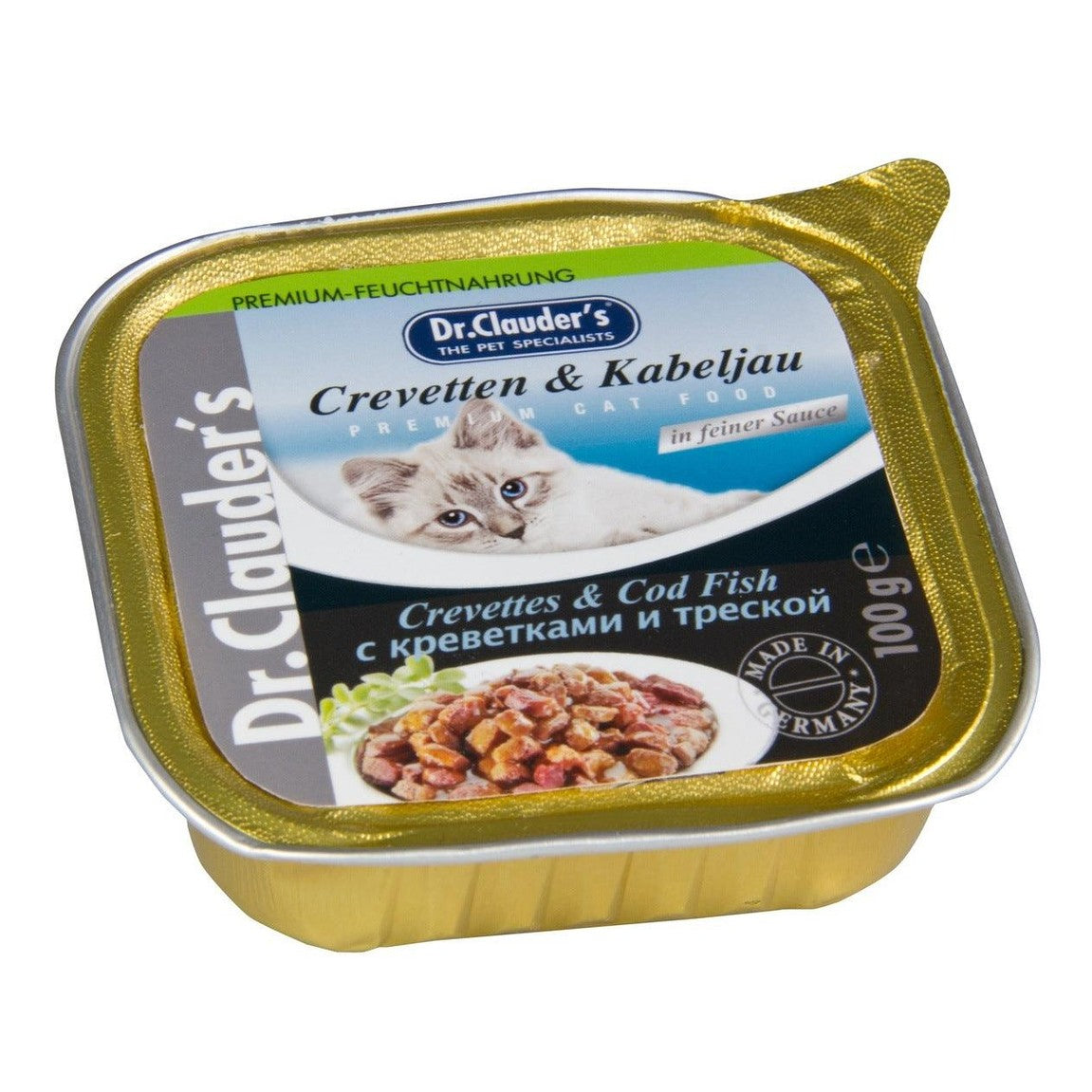 Artikel mit dem Namen Dr.Clauder's Cat Kabeljau+Krevetten in Sosse im Shop von zoo.de , dem Onlineshop für nachhaltiges Hundefutter und Katzenfutter.