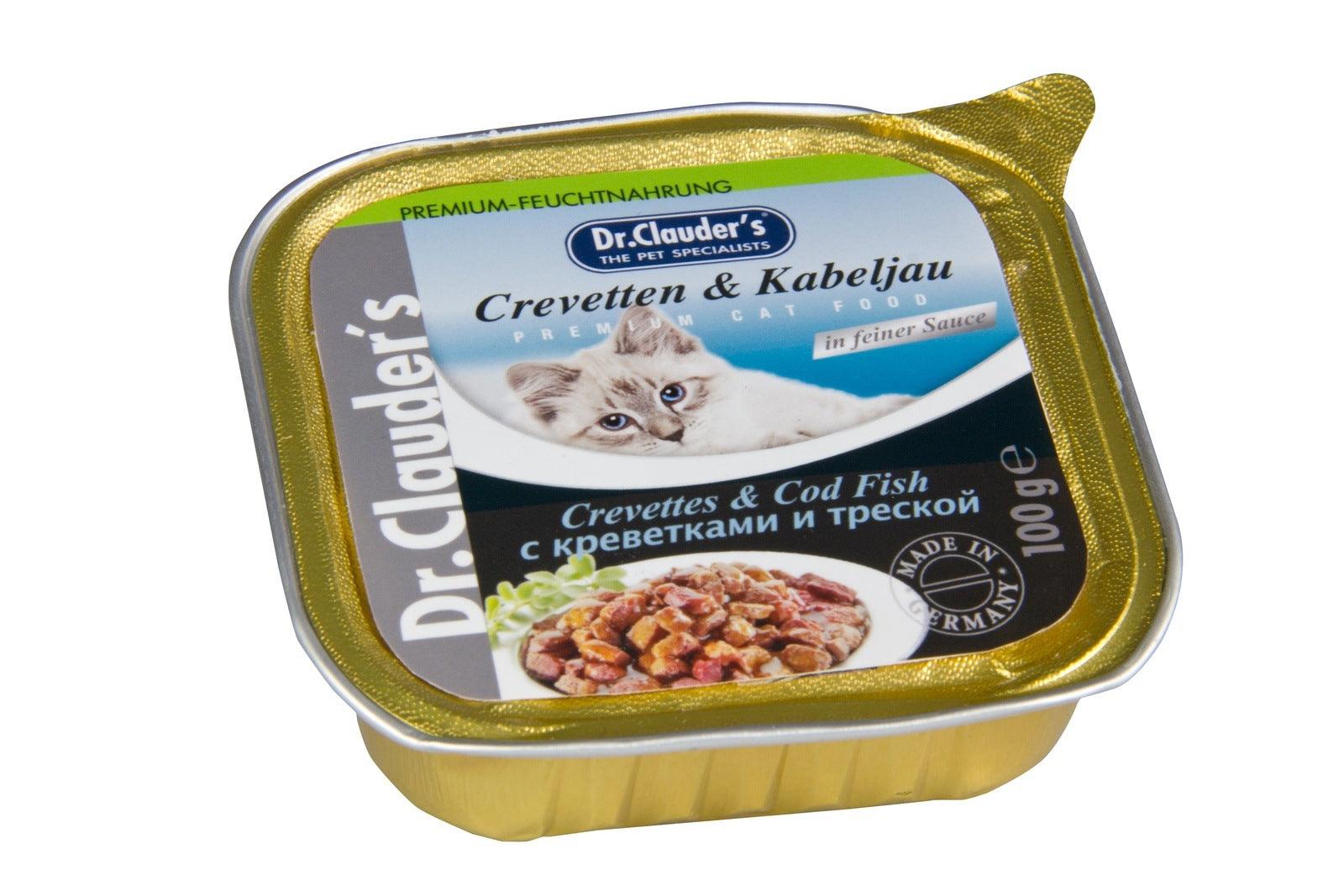 Artikel mit dem Namen Dr.Clauder's Cat Kabeljau+Krevetten in Sosse im Shop von zoo.de , dem Onlineshop für nachhaltiges Hundefutter und Katzenfutter.