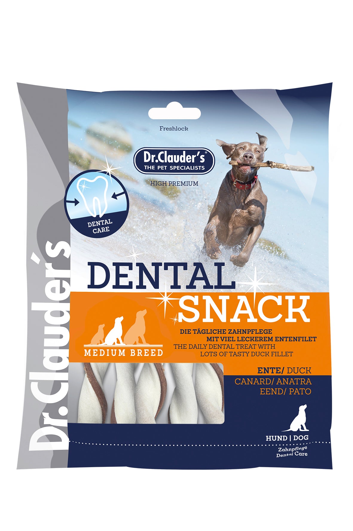 Artikel mit dem Namen Dr.Clauder&#39;s Dental Ente medium im Shop von zoo.de , dem Onlineshop für nachhaltiges Hundefutter und Katzenfutter.