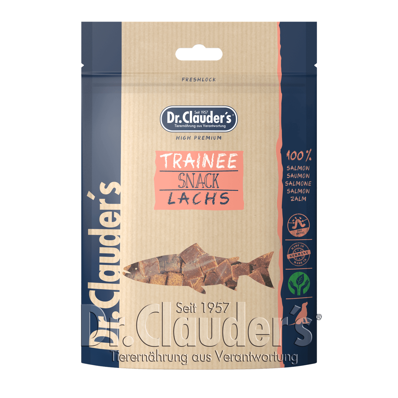 Artikel mit dem Namen Dr.Clauder's Dog Snack Trainee Mini Lachs im Shop von zoo.de , dem Onlineshop für nachhaltiges Hundefutter und Katzenfutter.