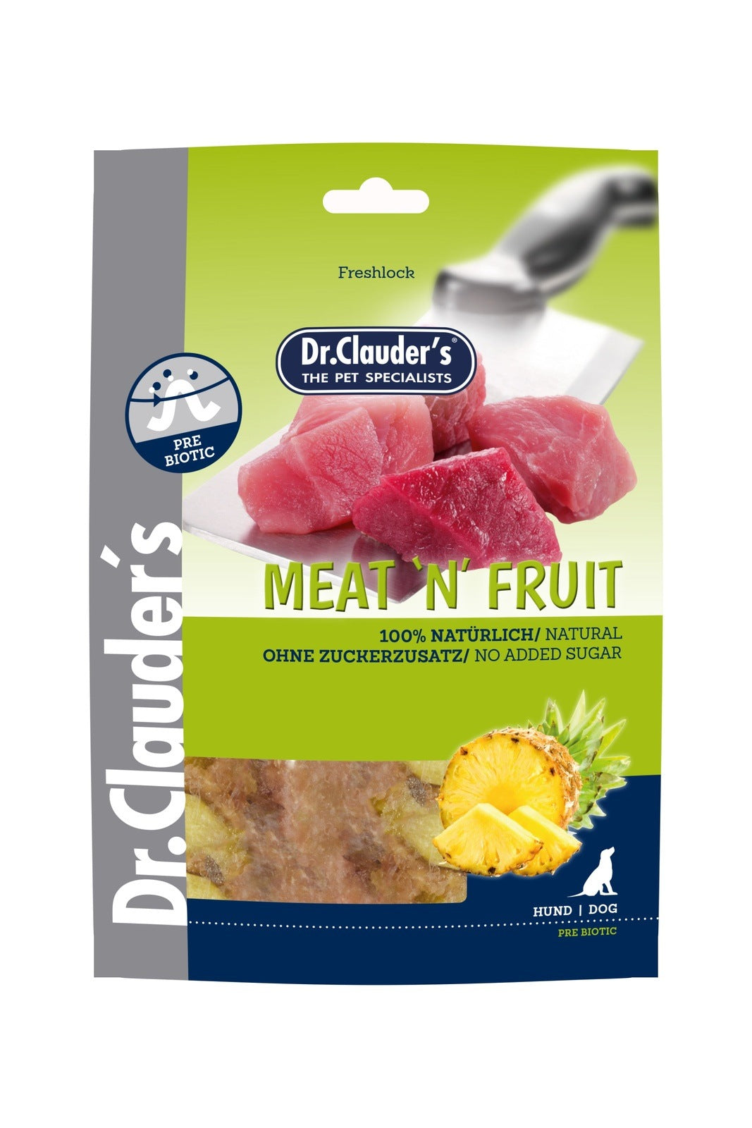 Artikel mit dem Namen Dr.Clauder's Meat´n Fruit Snack Ananas+Hühnchen im Shop von zoo.de , dem Onlineshop für nachhaltiges Hundefutter und Katzenfutter.