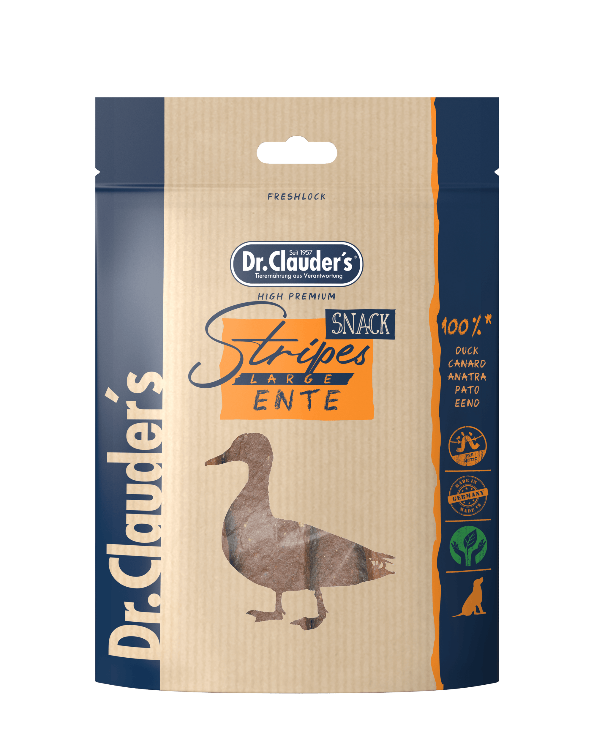 Artikel mit dem Namen Dr.Clauder´s Stripes Snack Ente Large im Shop von zoo.de , dem Onlineshop für nachhaltiges Hundefutter und Katzenfutter.