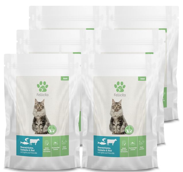 Artikel mit dem Namen Fellicita Meeresfrüchte, Seelachs & Rind Frischebeutel für Katzen im Shop von zoo.de , dem Onlineshop für nachhaltiges Hundefutter und Katzenfutter.