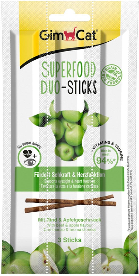 Artikel mit dem Namen GimCat Superfood Duo-Sticks Rind & Apfel im Shop von zoo.de , dem Onlineshop für nachhaltiges Hundefutter und Katzenfutter.