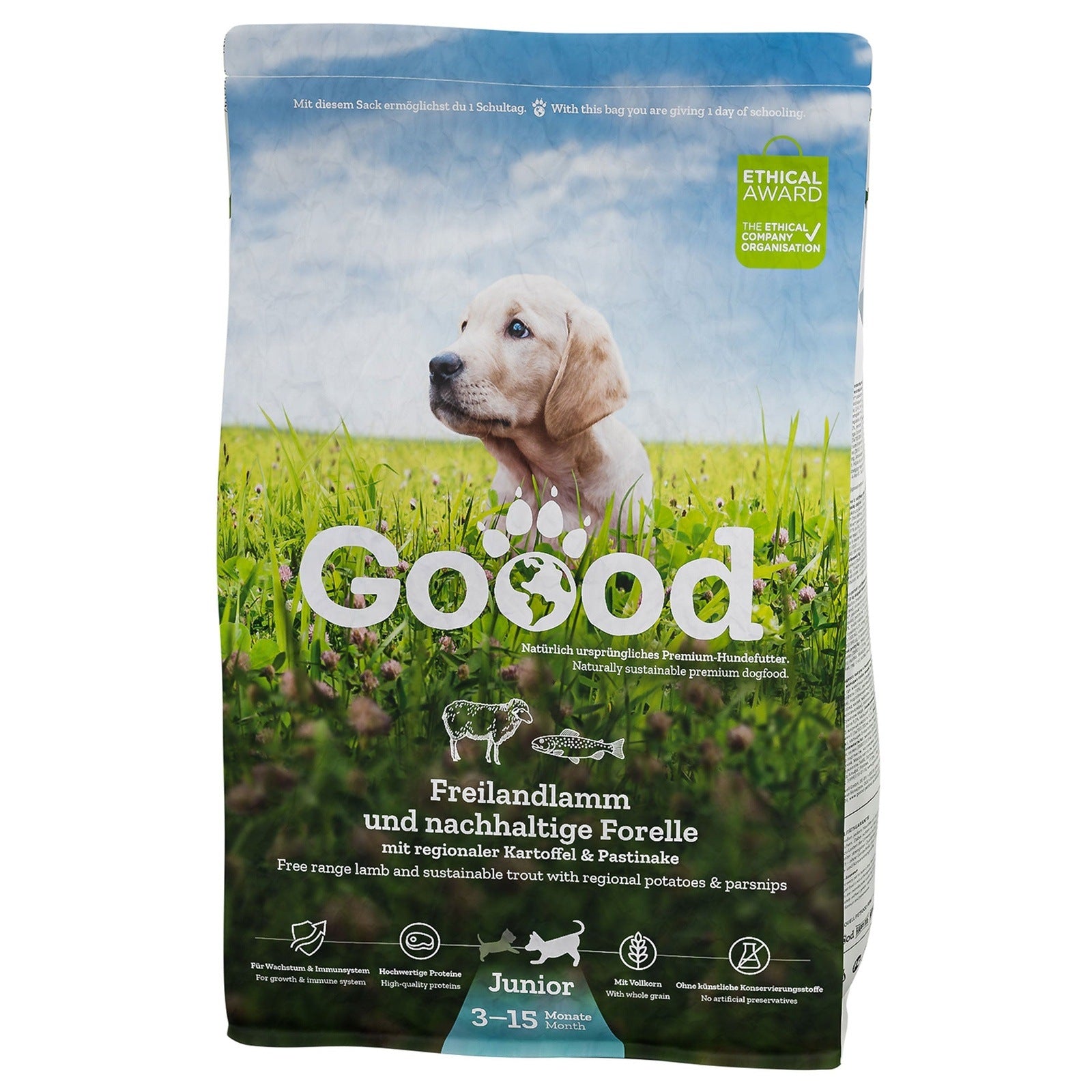 Artikel mit dem Namen GOOOD Junior Freilandlamm & Nachhaltige Forelle Trockenfutter im Shop von zoo.de , dem Onlineshop für nachhaltiges Hundefutter und Katzenfutter.