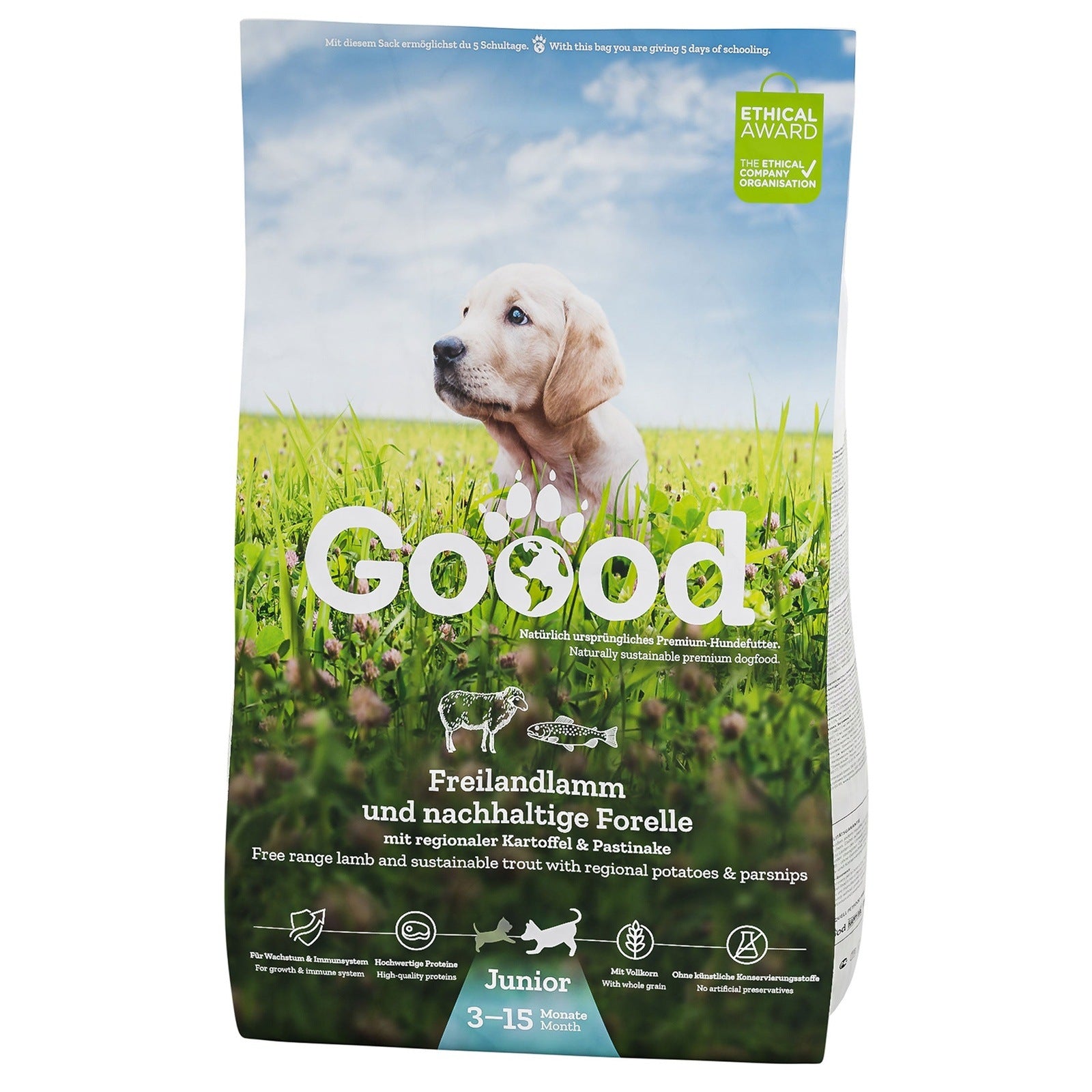 Artikel mit dem Namen GOOOD Junior Freilandlamm & Nachhaltige Forelle Trockenfutter im Shop von zoo.de , dem Onlineshop für nachhaltiges Hundefutter und Katzenfutter.