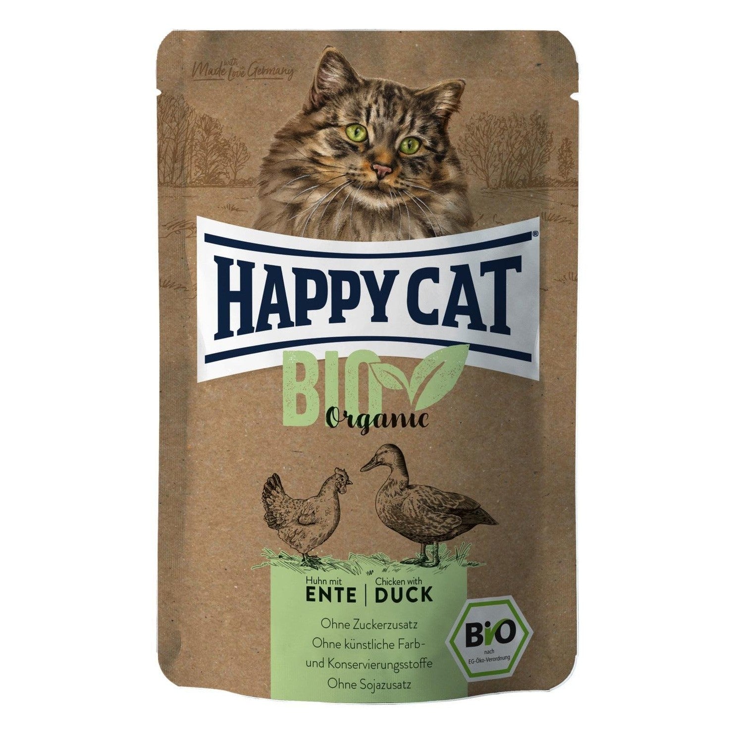 Artikel mit dem Namen Happy Cat Bio Pouch Huhn & Ente im Shop von zoo.de , dem Onlineshop für nachhaltiges Hundefutter und Katzenfutter.