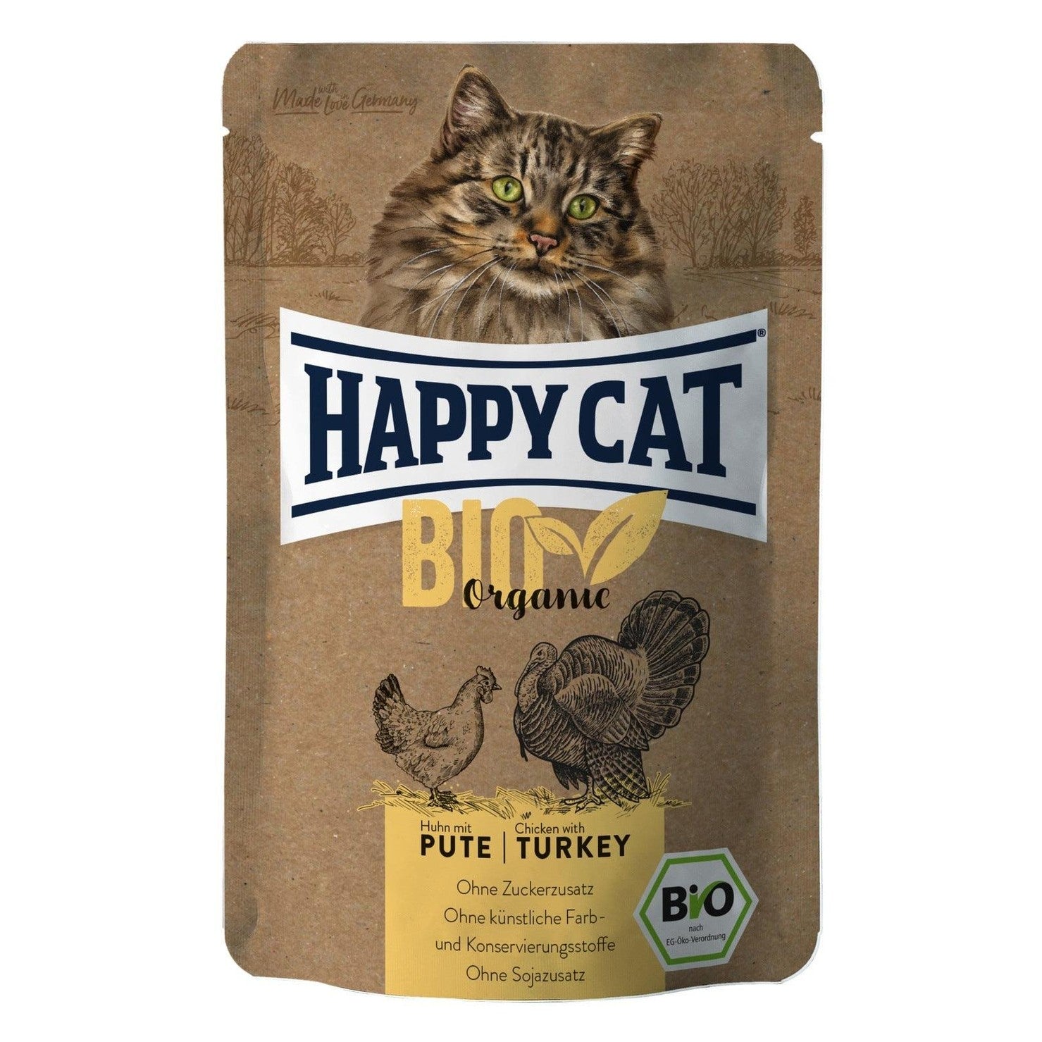 Artikel mit dem Namen Happy Cat Bio Pouch Huhn & Pute im Shop von zoo.de , dem Onlineshop für nachhaltiges Hundefutter und Katzenfutter.