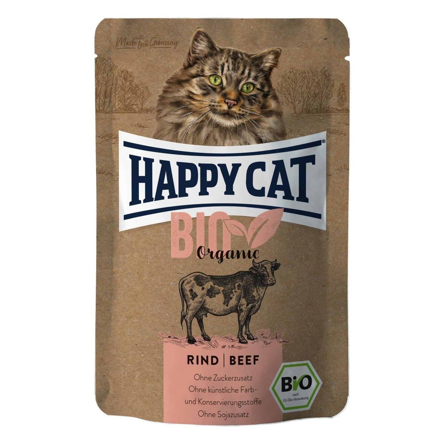 Artikel mit dem Namen Happy Cat Bio Pouch Rind im Shop von zoo.de , dem Onlineshop für nachhaltiges Hundefutter und Katzenfutter.