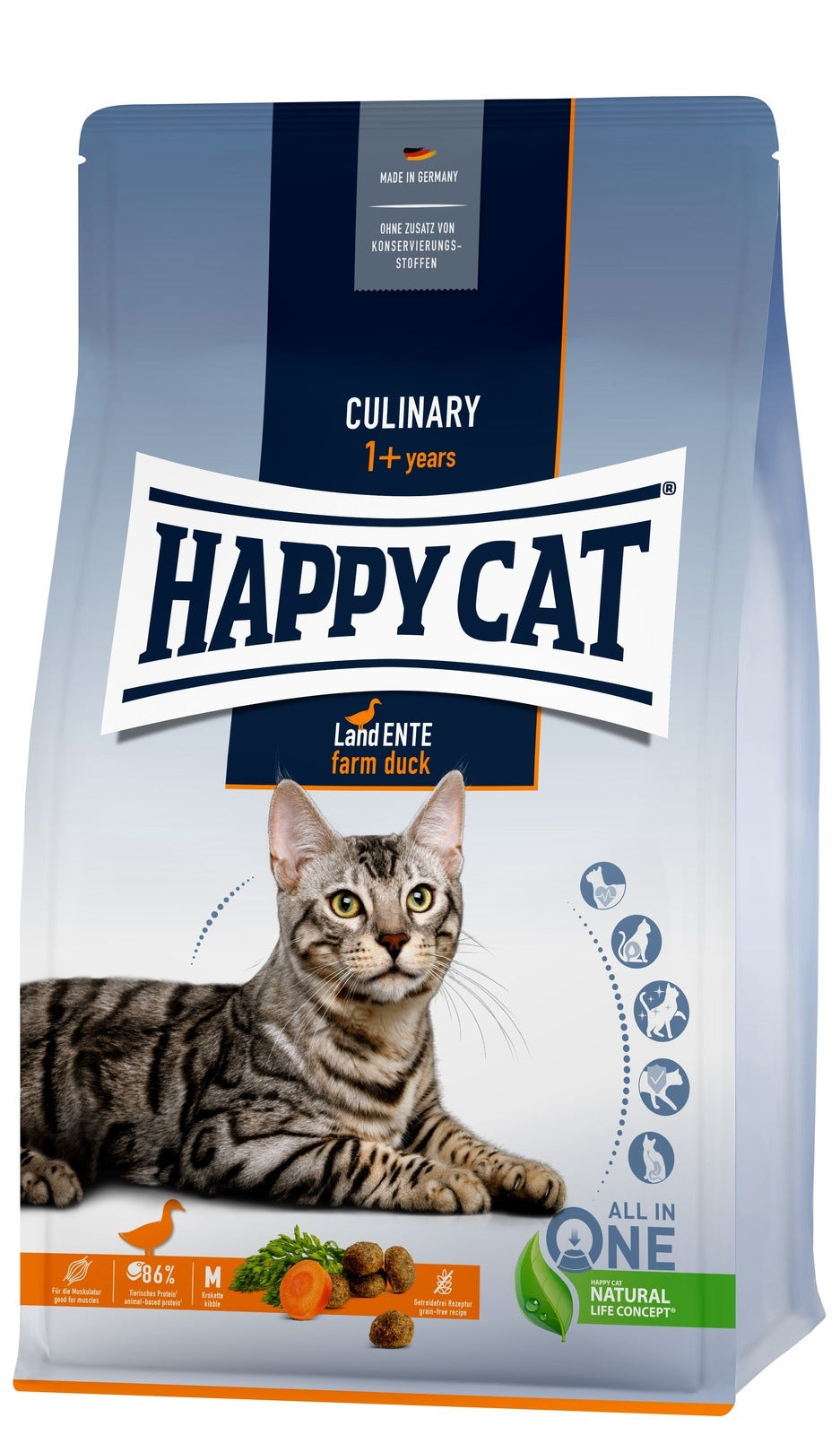 Artikel mit dem Namen Happy Cat Culinary Adult Land Ente im Shop von zoo.de , dem Onlineshop für nachhaltiges Hundefutter und Katzenfutter.