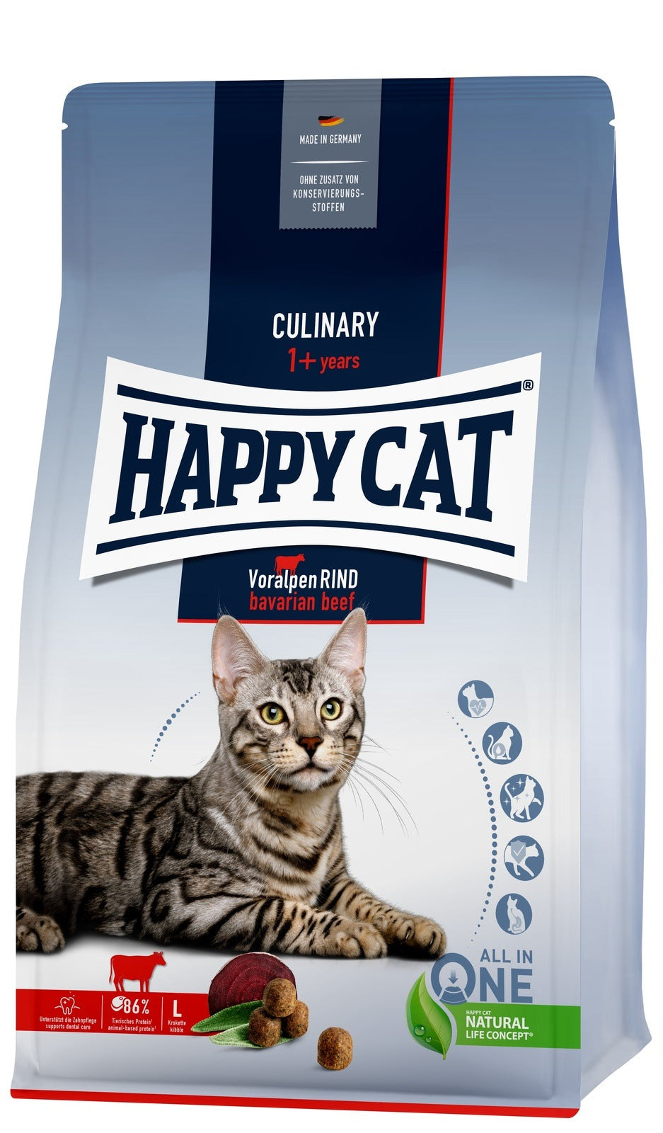 Artikel mit dem Namen Happy Cat Culinary Adult Voralpen Rind im Shop von zoo.de , dem Onlineshop für nachhaltiges Hundefutter und Katzenfutter.