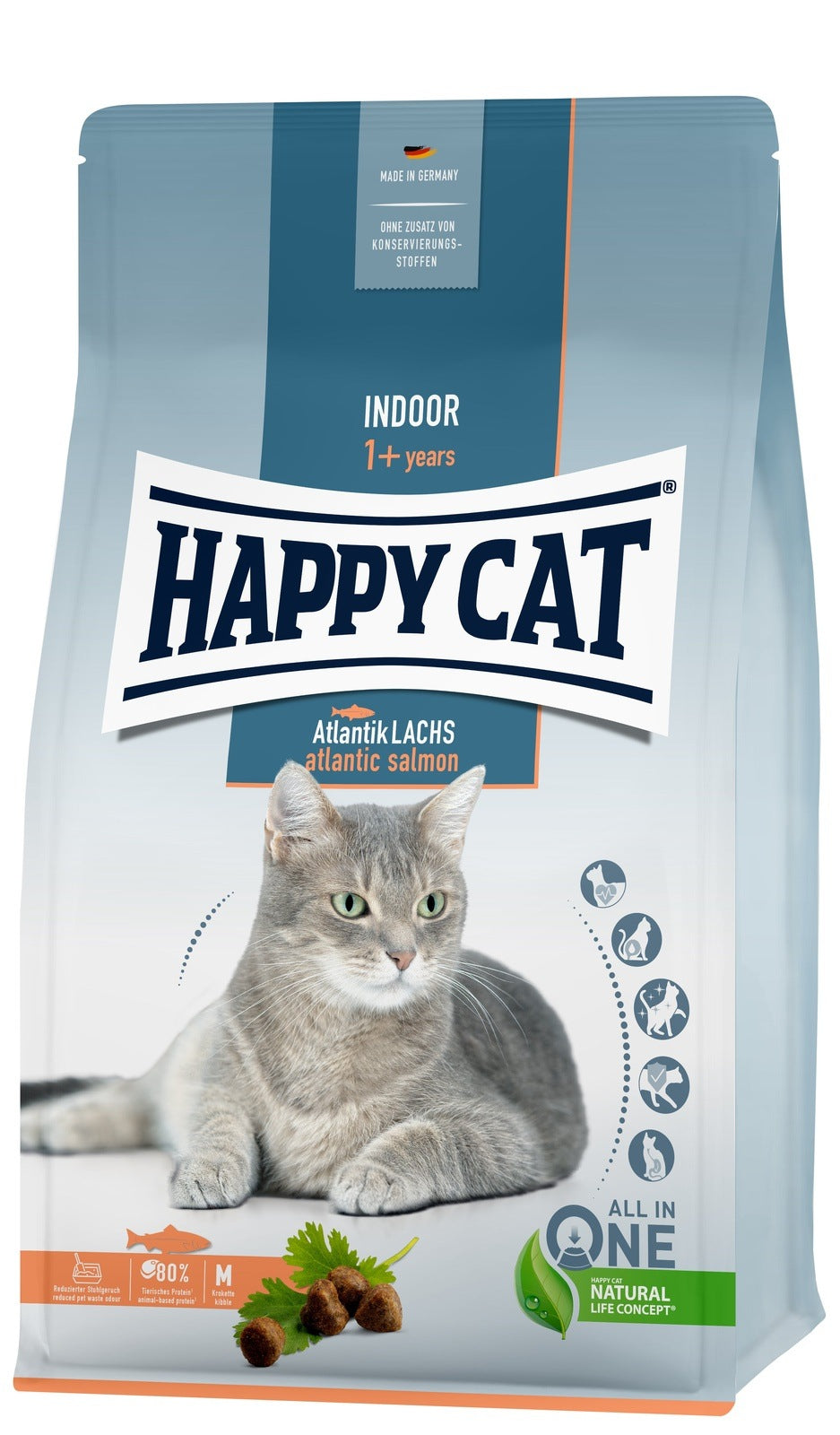 Artikel mit dem Namen Happy Cat Indoor Adult Atlantik Lachs im Shop von zoo.de , dem Onlineshop für nachhaltiges Hundefutter und Katzenfutter.