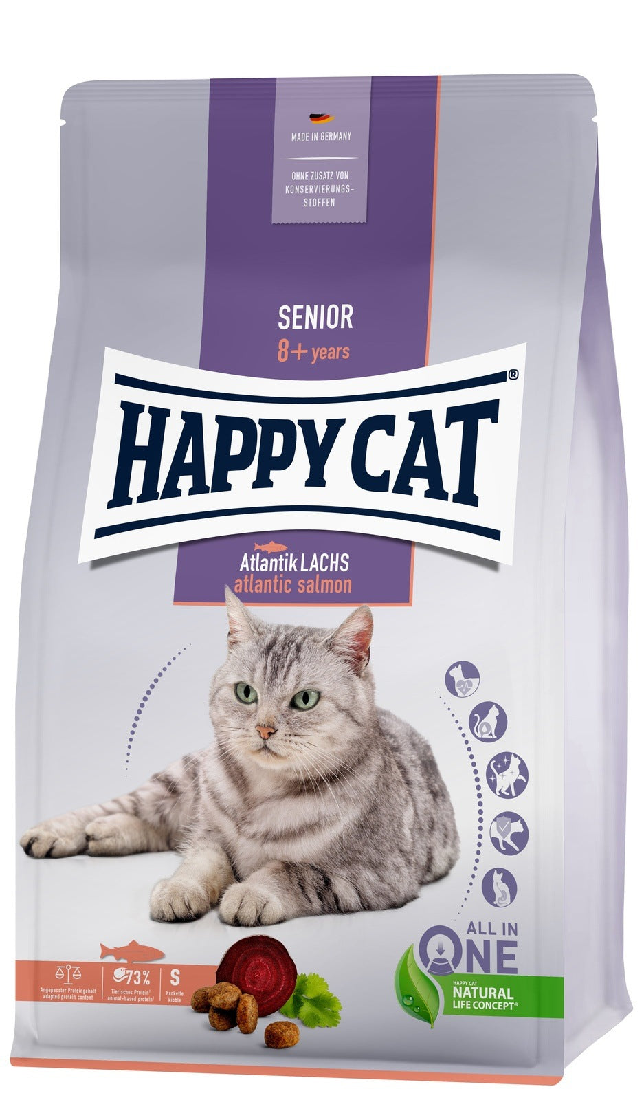 Artikel mit dem Namen Happy Cat Senior Atlantik Lachs im Shop von zoo.de , dem Onlineshop für nachhaltiges Hundefutter und Katzenfutter.