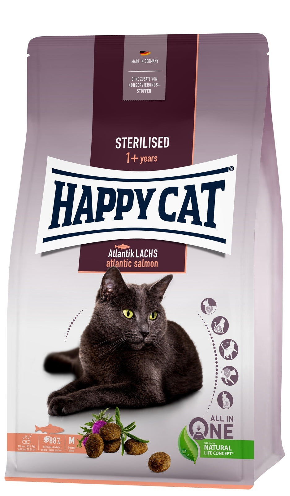 Artikel mit dem Namen Happy Cat Sterilised Adult Atlantik Lachs im Shop von zoo.de , dem Onlineshop für nachhaltiges Hundefutter und Katzenfutter.