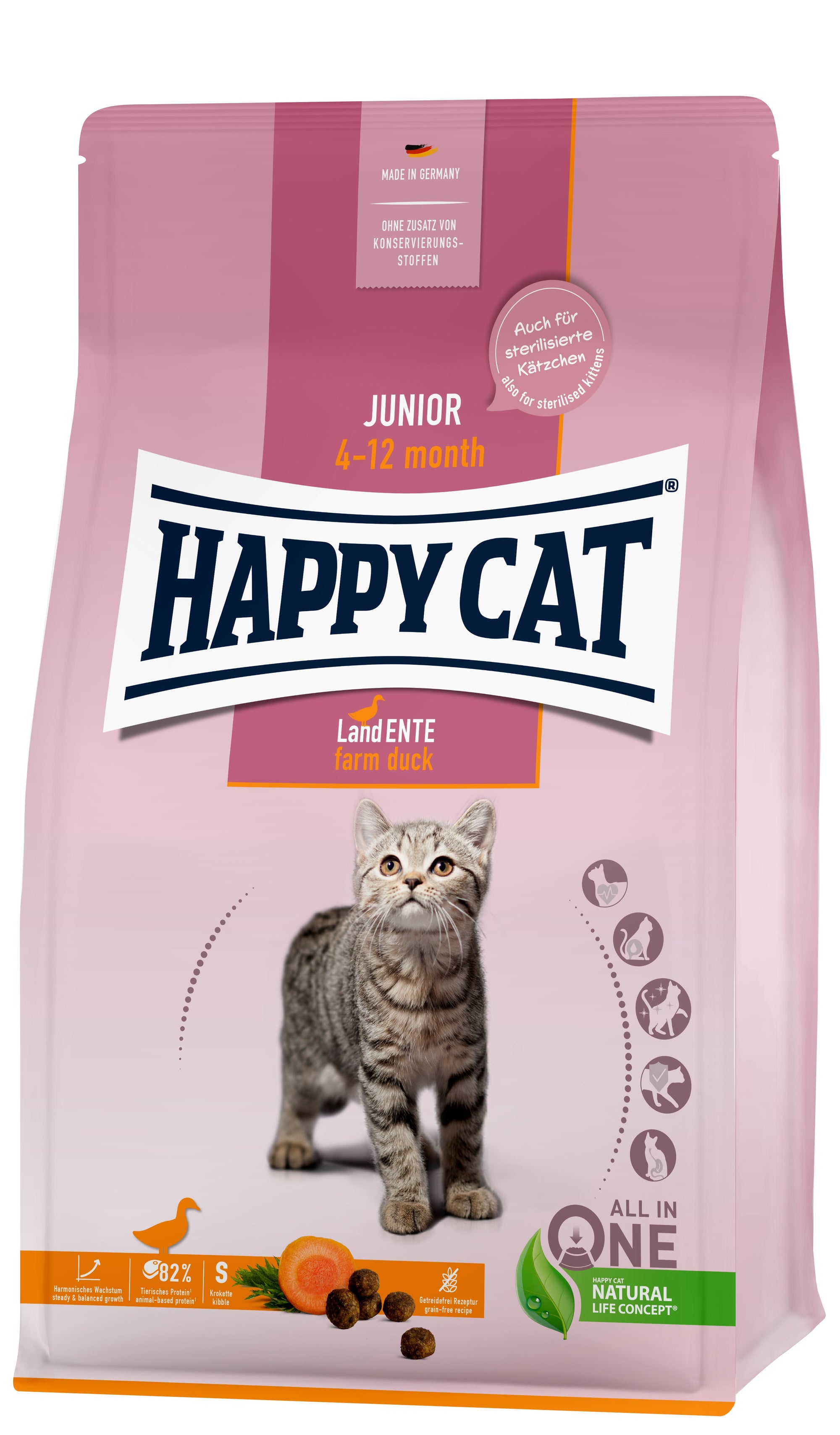 Artikel mit dem Namen Happy Cat Young Junior Land Ente im Shop von zoo.de , dem Onlineshop für nachhaltiges Hundefutter und Katzenfutter.