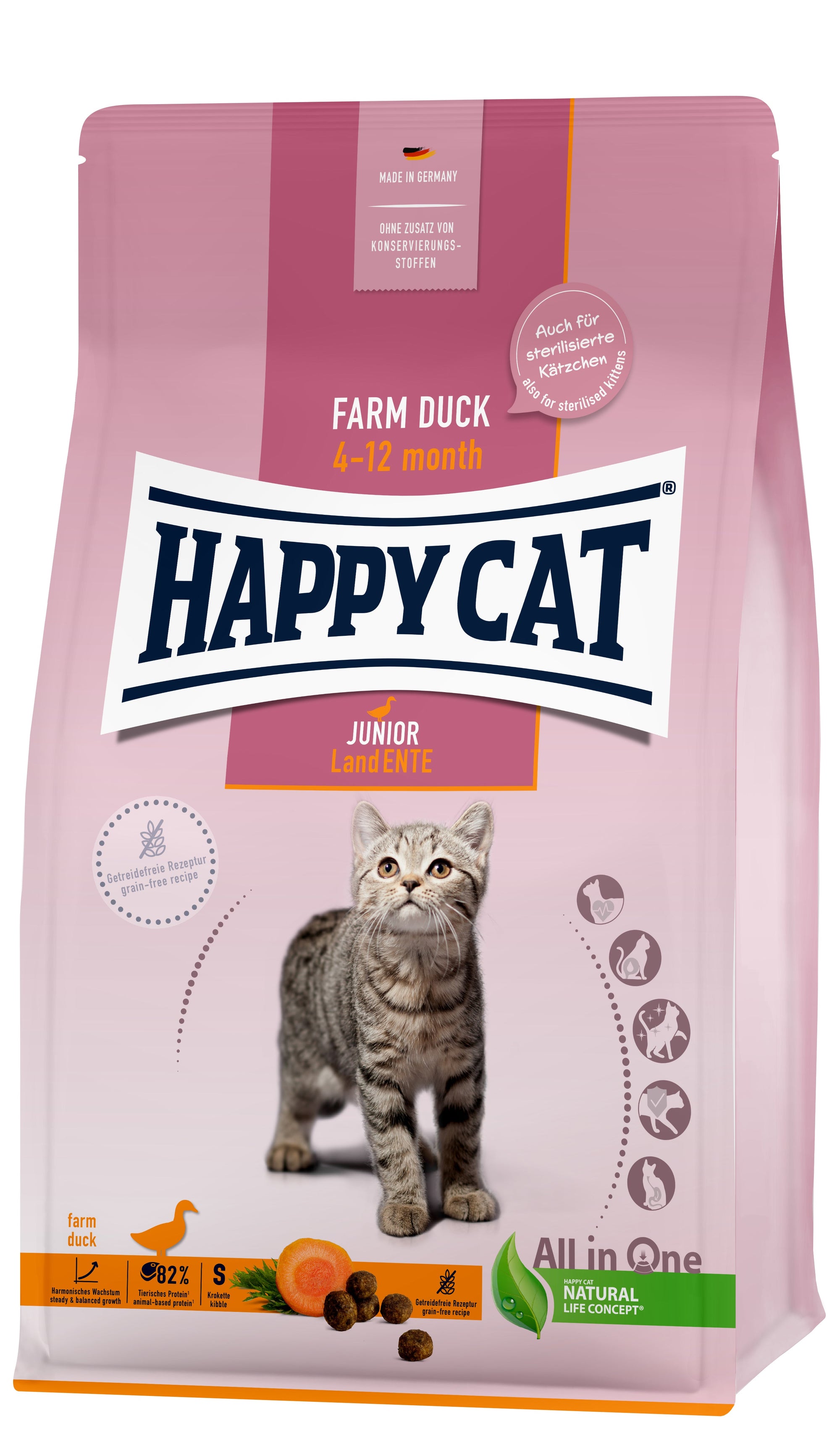 Artikel mit dem Namen Happy Cat Young Junior Land Ente im Shop von zoo.de , dem Onlineshop für nachhaltiges Hundefutter und Katzenfutter.