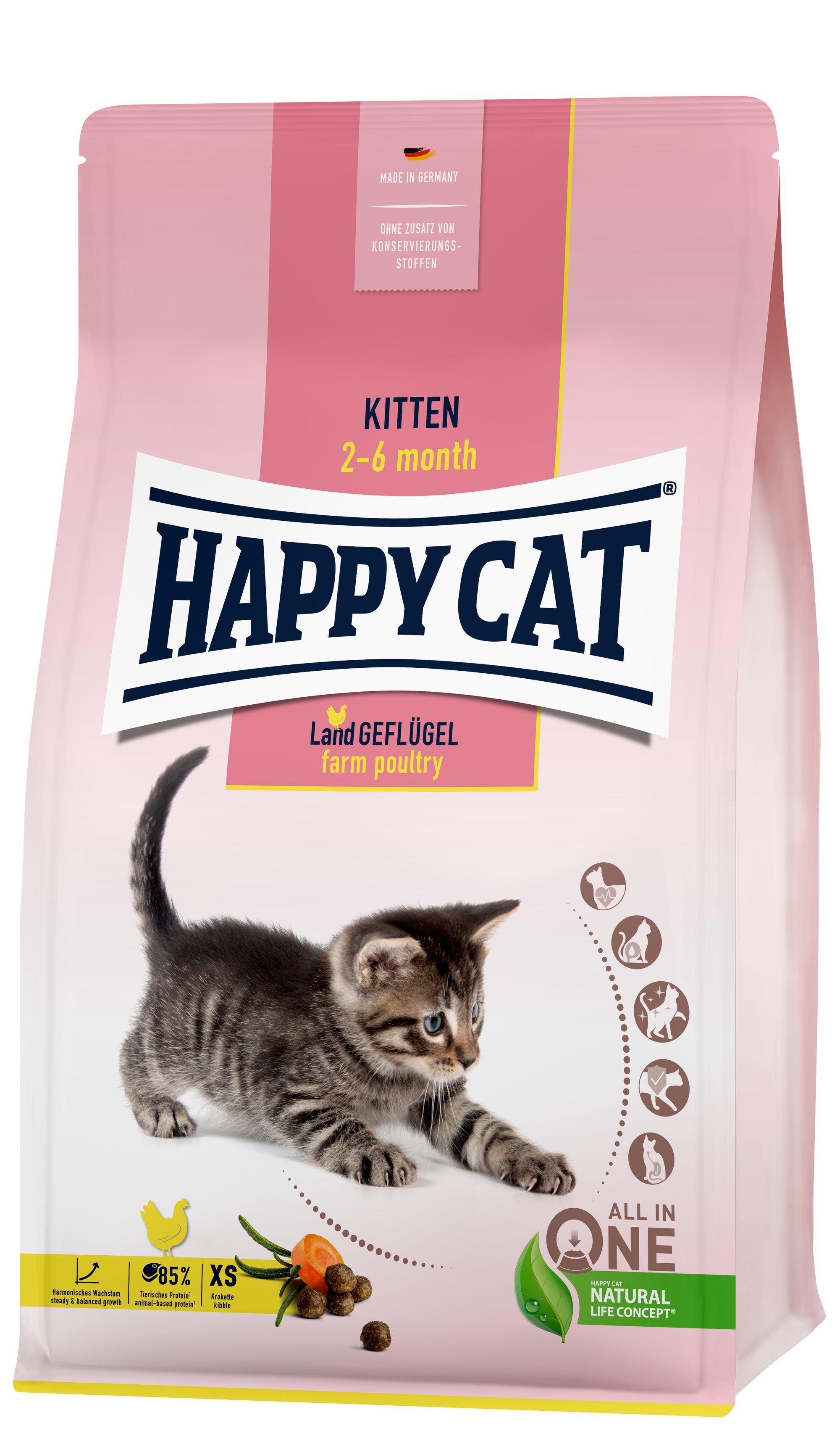 Artikel mit dem Namen Happy Cat Young Kitten Land Geflügel im Shop von zoo.de , dem Onlineshop für nachhaltiges Hundefutter und Katzenfutter.