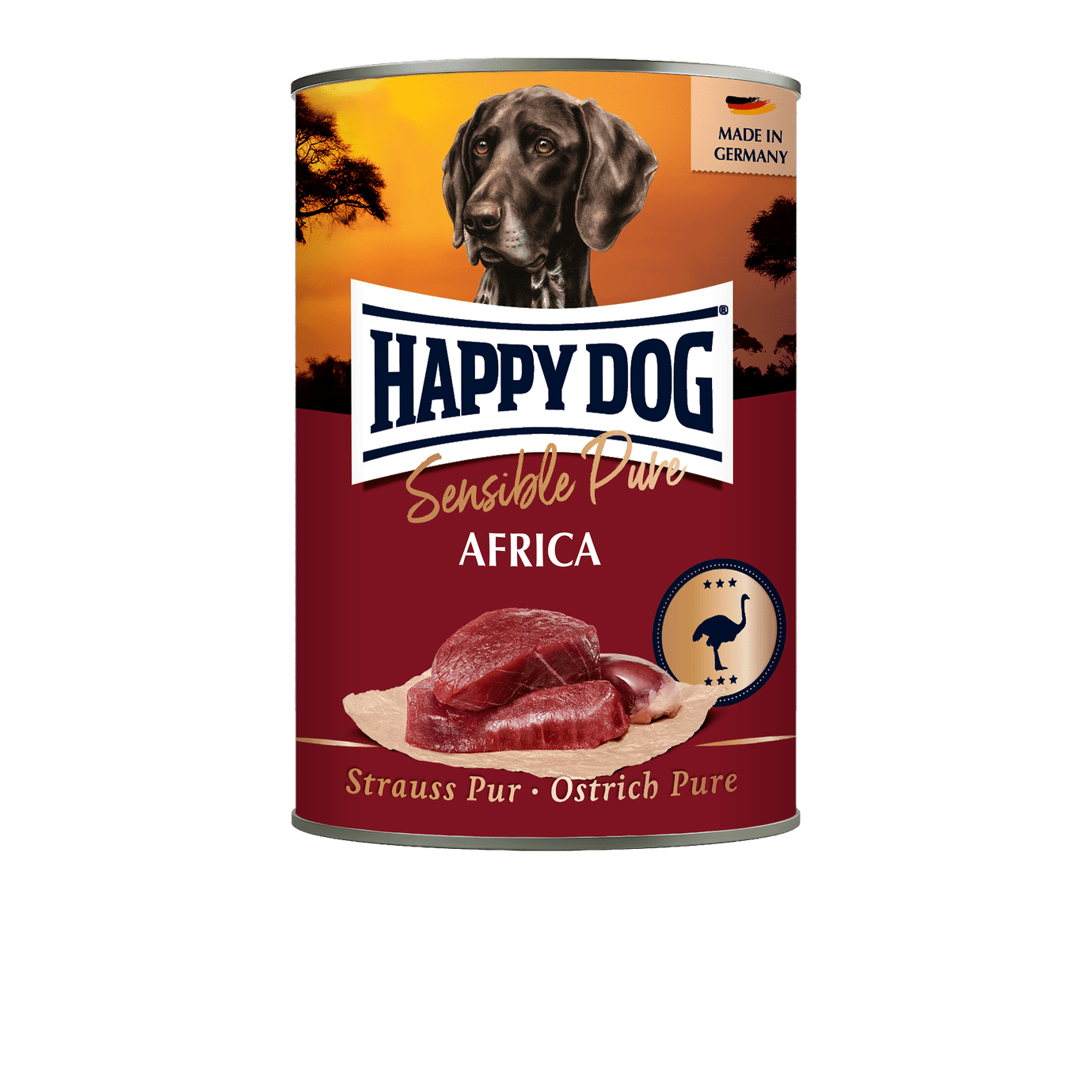 Artikel mit dem Namen Happy Dog Dose Sensible Pure Africa Strauß im Shop von zoo.de , dem Onlineshop für nachhaltiges Hundefutter und Katzenfutter.