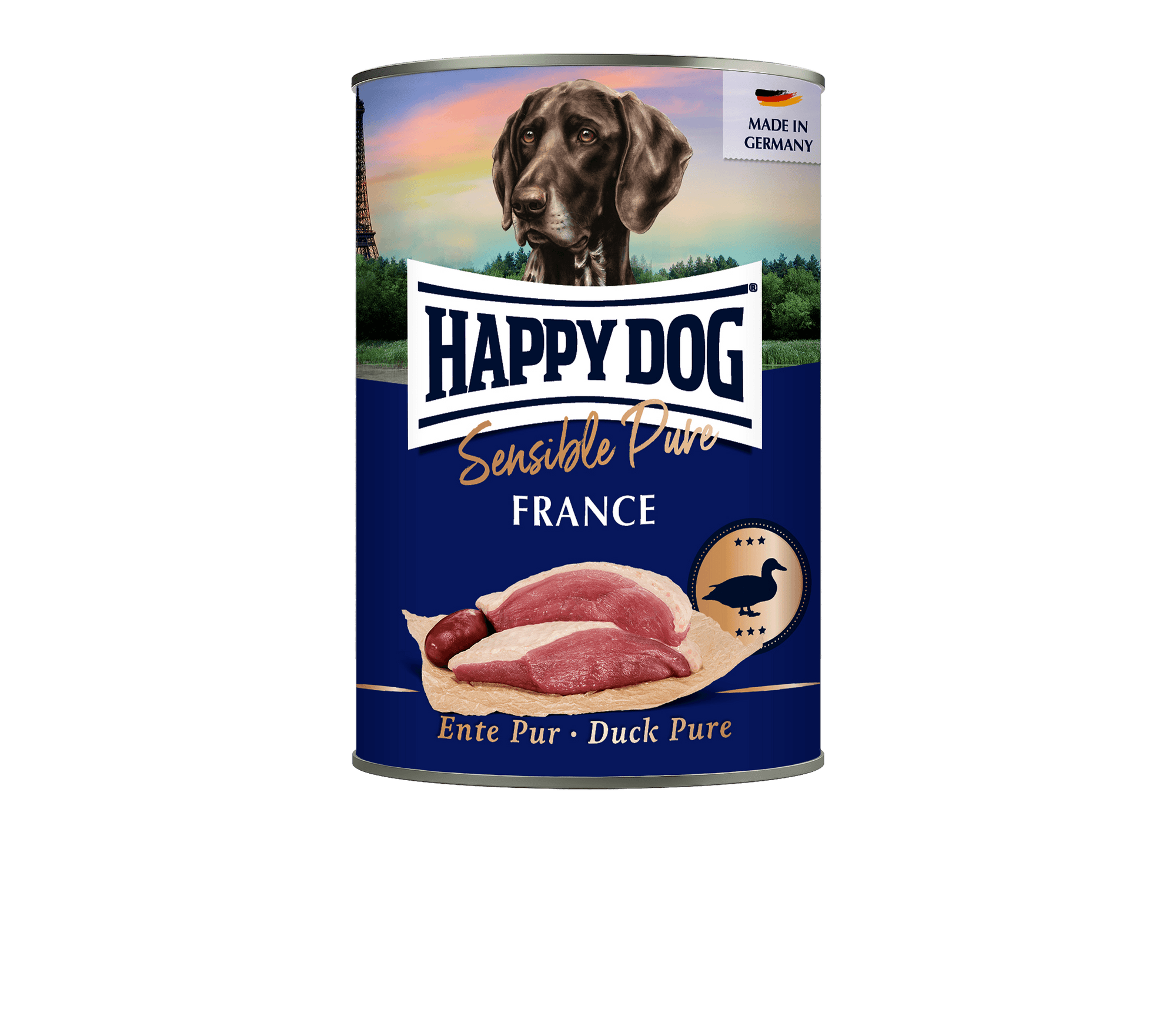 Artikel mit dem Namen Happy Dog Dose Sensible Pure France Ente im Shop von zoo.de , dem Onlineshop für nachhaltiges Hundefutter und Katzenfutter.