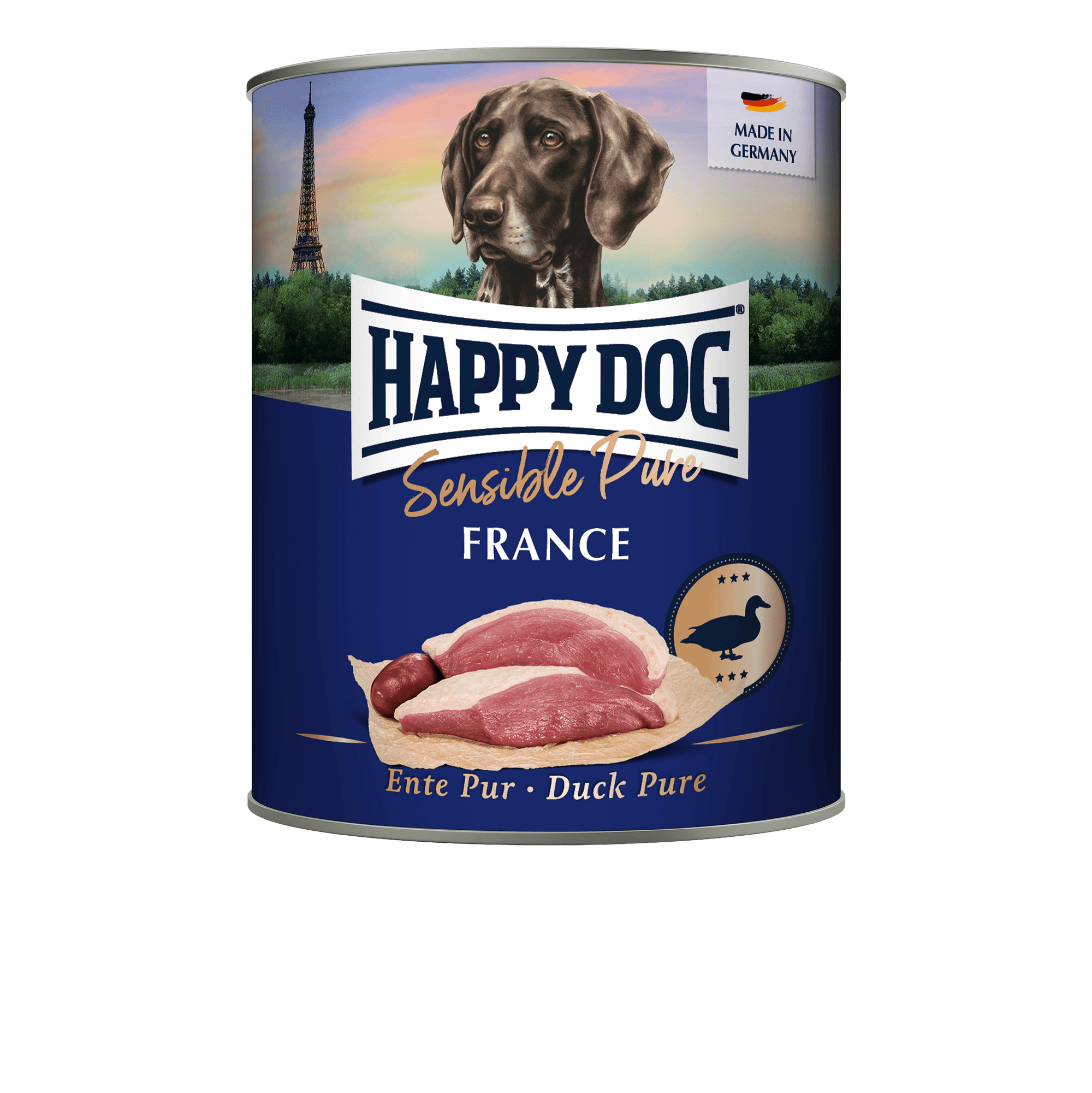 Artikel mit dem Namen Happy Dog Dose Sensible Pure France Ente im Shop von zoo.de , dem Onlineshop für nachhaltiges Hundefutter und Katzenfutter.