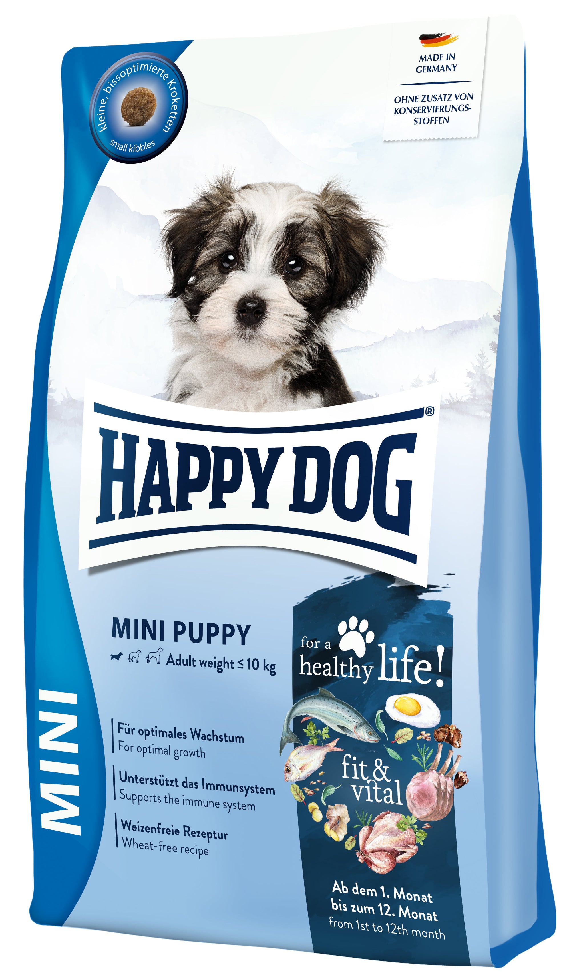 Artikel mit dem Namen Happy Dog fit & vital Mini Puppy im Shop von zoo.de , dem Onlineshop für nachhaltiges Hundefutter und Katzenfutter.