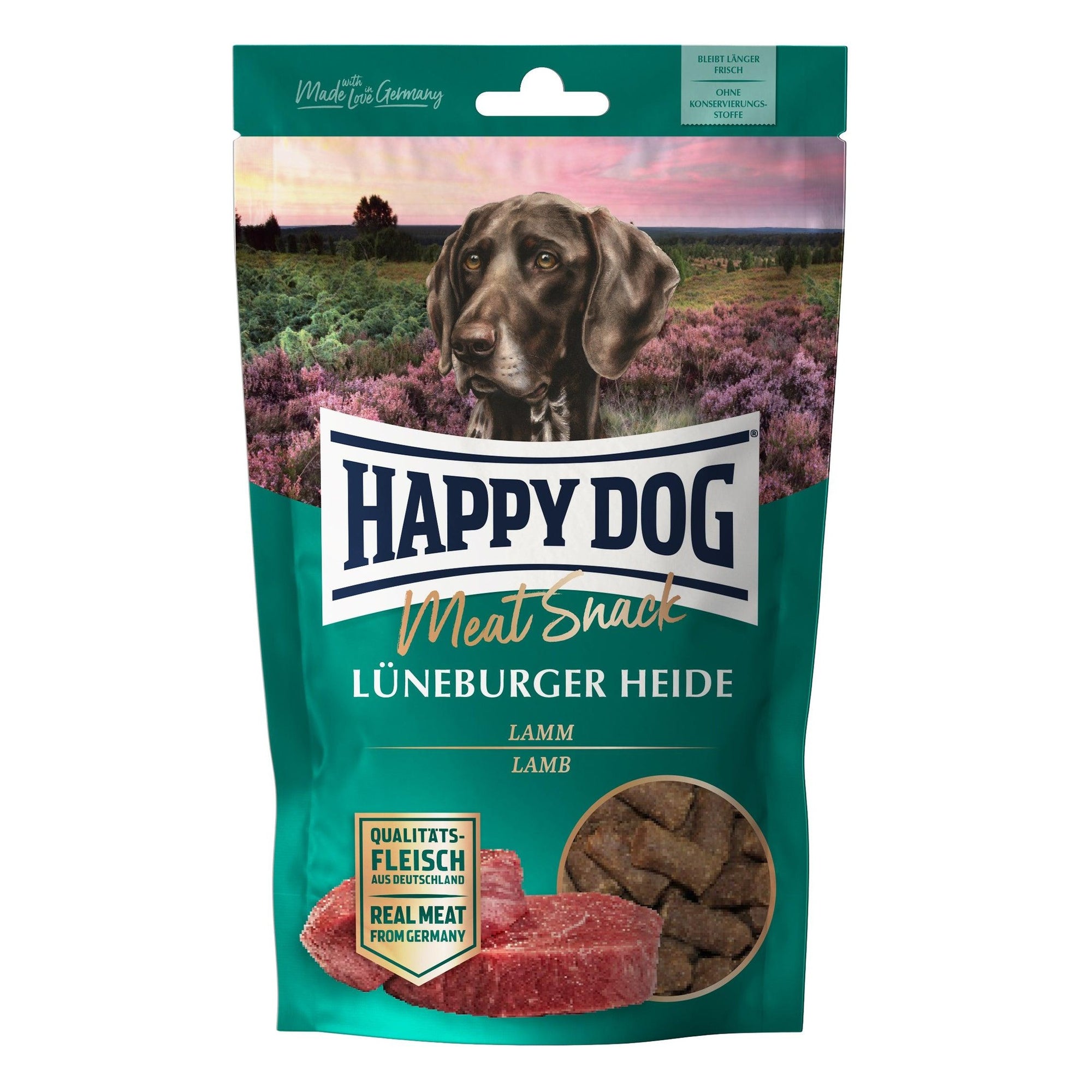 Artikel mit dem Namen Happy Dog Meat Snack Lüneberger Heide im Shop von zoo.de , dem Onlineshop für nachhaltiges Hundefutter und Katzenfutter.