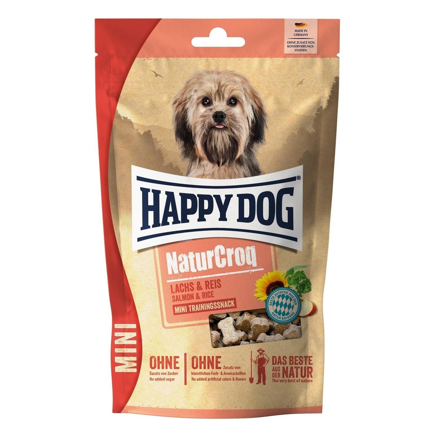 Artikel mit dem Namen Happy Dog NaturCroq Mini Snack Lachs & Reis im Shop von zoo.de , dem Onlineshop für nachhaltiges Hundefutter und Katzenfutter.