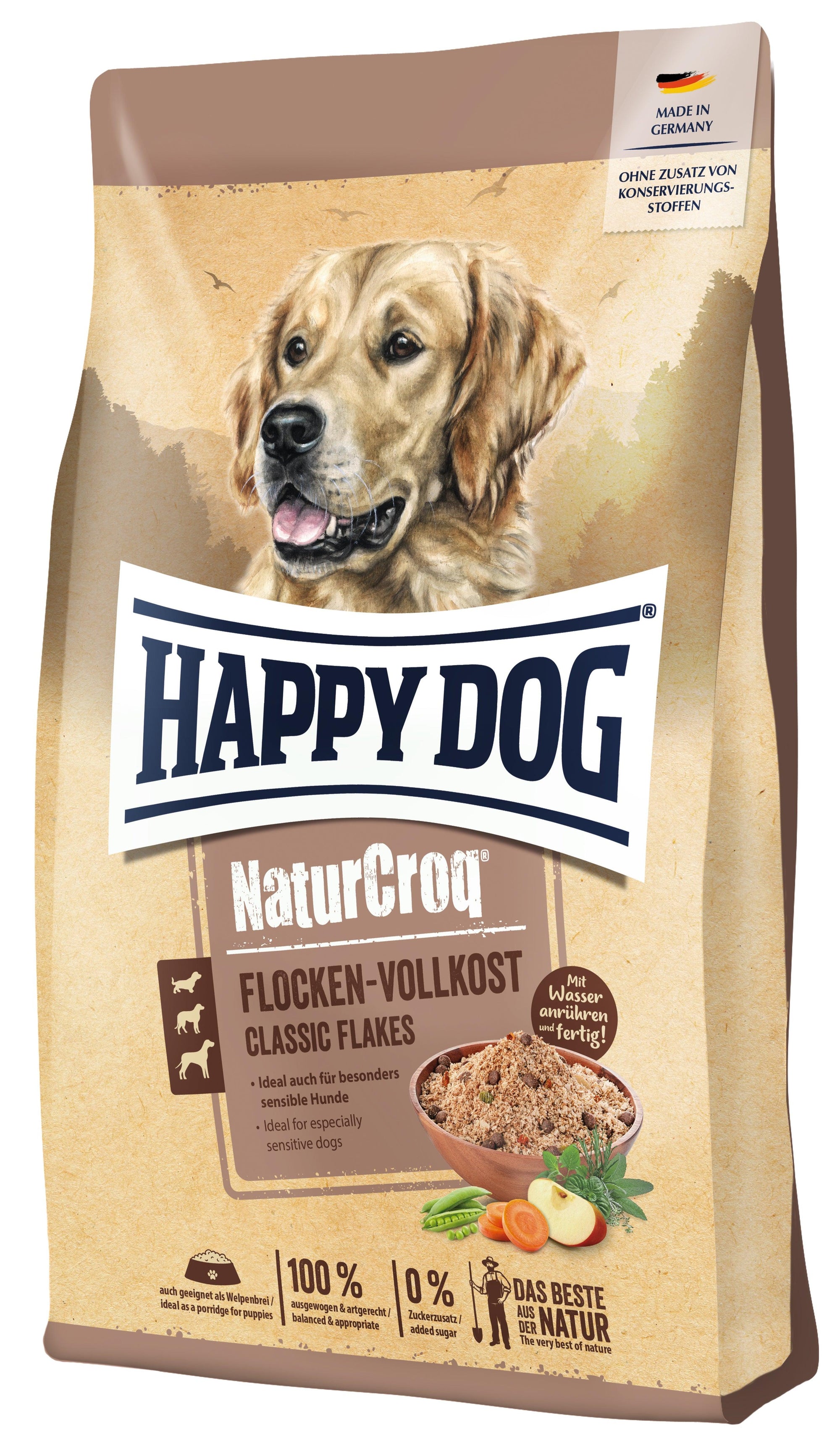 Artikel mit dem Namen Happy Dog Premium NaturCroq Flocken Vollkost im Shop von zoo.de , dem Onlineshop für nachhaltiges Hundefutter und Katzenfutter.