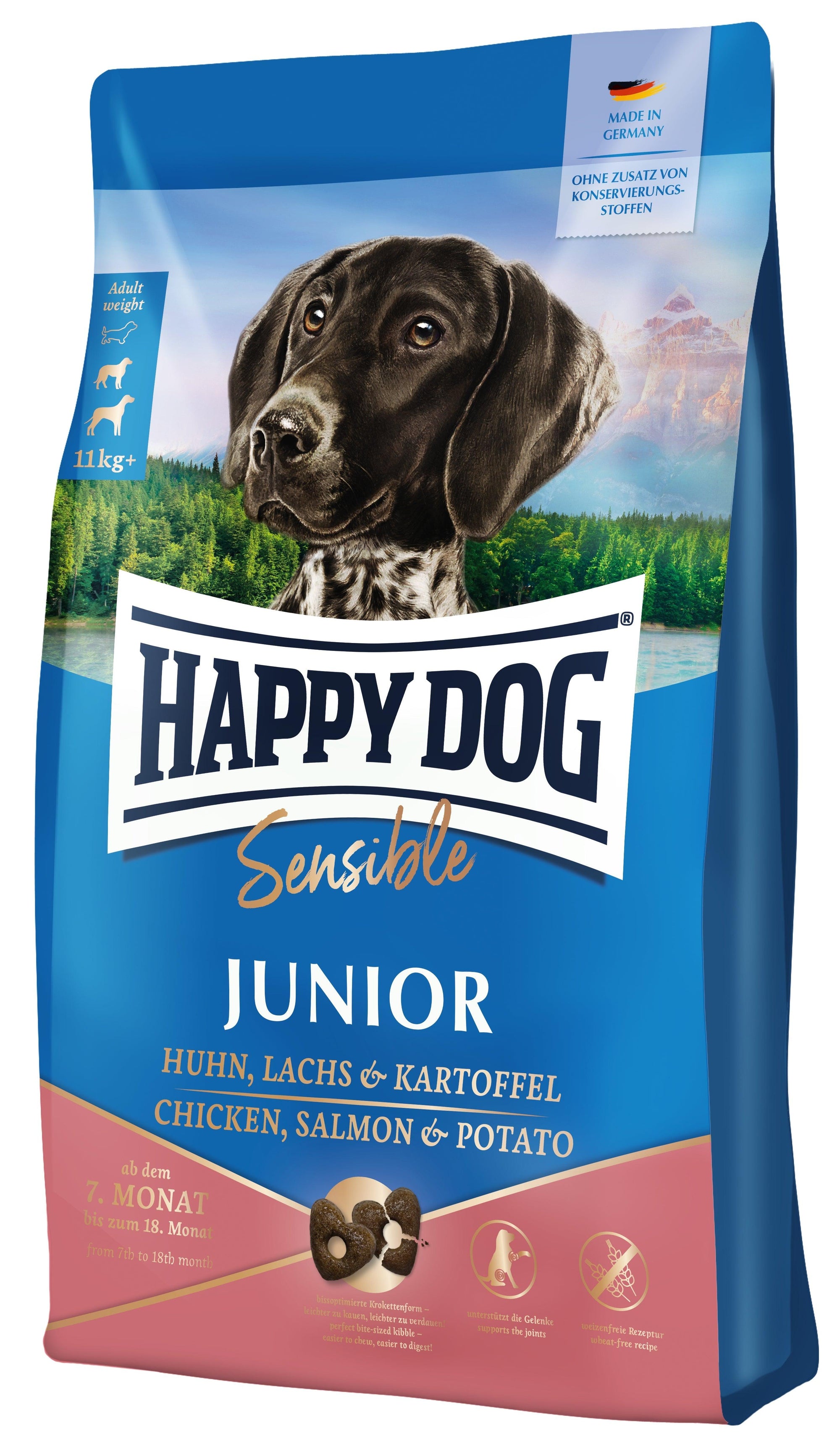 Artikel mit dem Namen Happy Dog Sensible Junior Lachs & Kartoffel im Shop von zoo.de , dem Onlineshop für nachhaltiges Hundefutter und Katzenfutter.