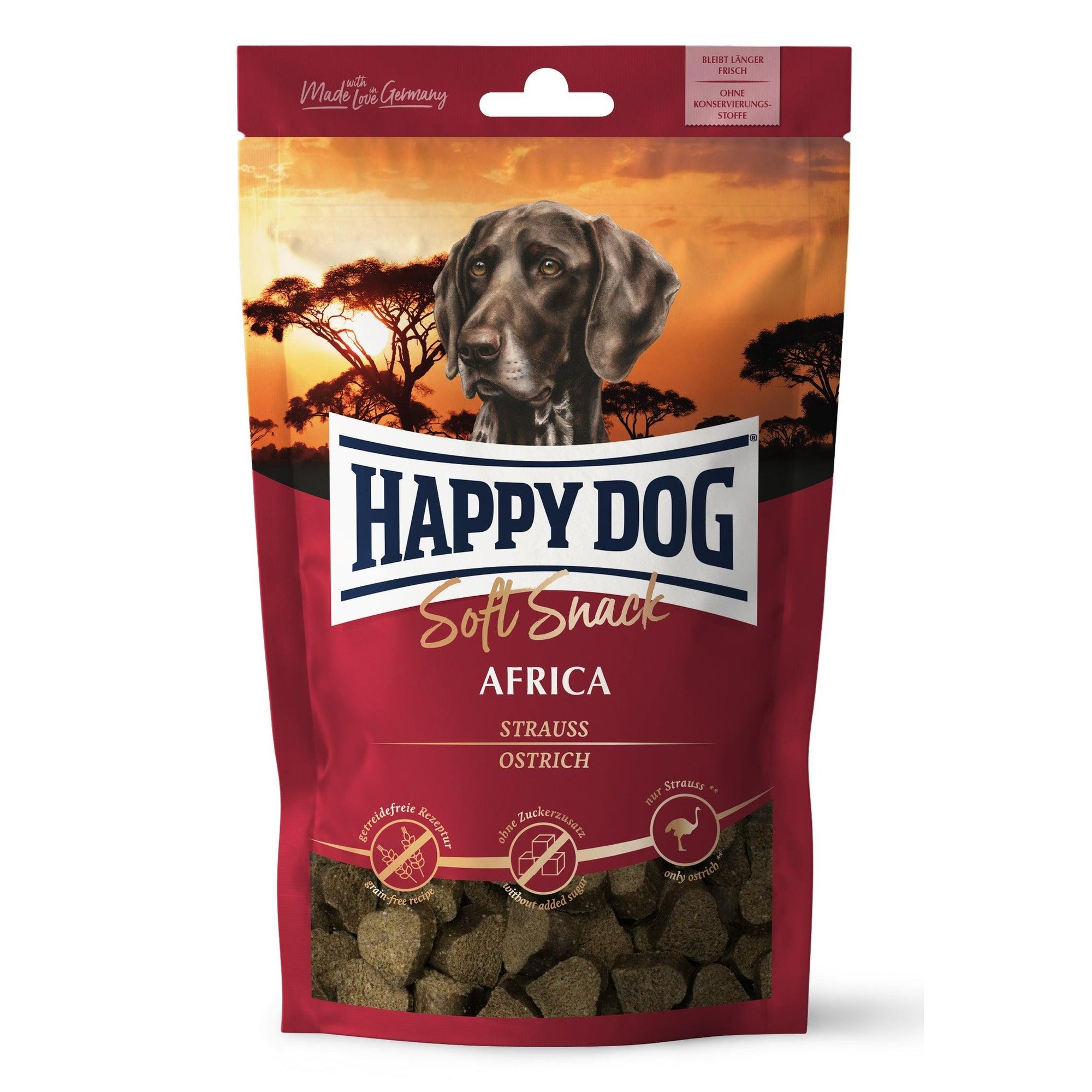 Artikel mit dem Namen Happy Dog Soft Snack Africa im Shop von zoo.de , dem Onlineshop für nachhaltiges Hundefutter und Katzenfutter.