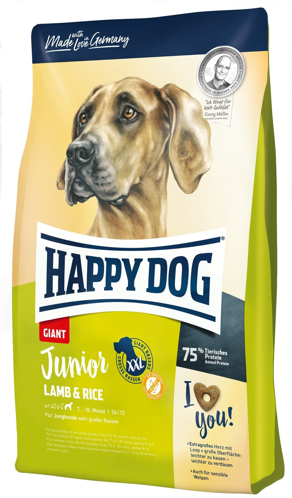 Artikel mit dem Namen Happy Dog Supreme Junior Giant Lamb & Rice im Shop von zoo.de , dem Onlineshop für nachhaltiges Hundefutter und Katzenfutter.