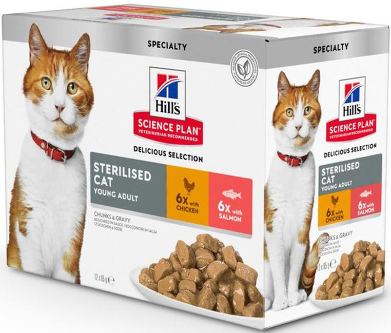 Artikel mit dem Namen Hills Science Plan Katze Sterilised Adult Multipack im Shop von zoo.de , dem Onlineshop für nachhaltiges Hundefutter und Katzenfutter.