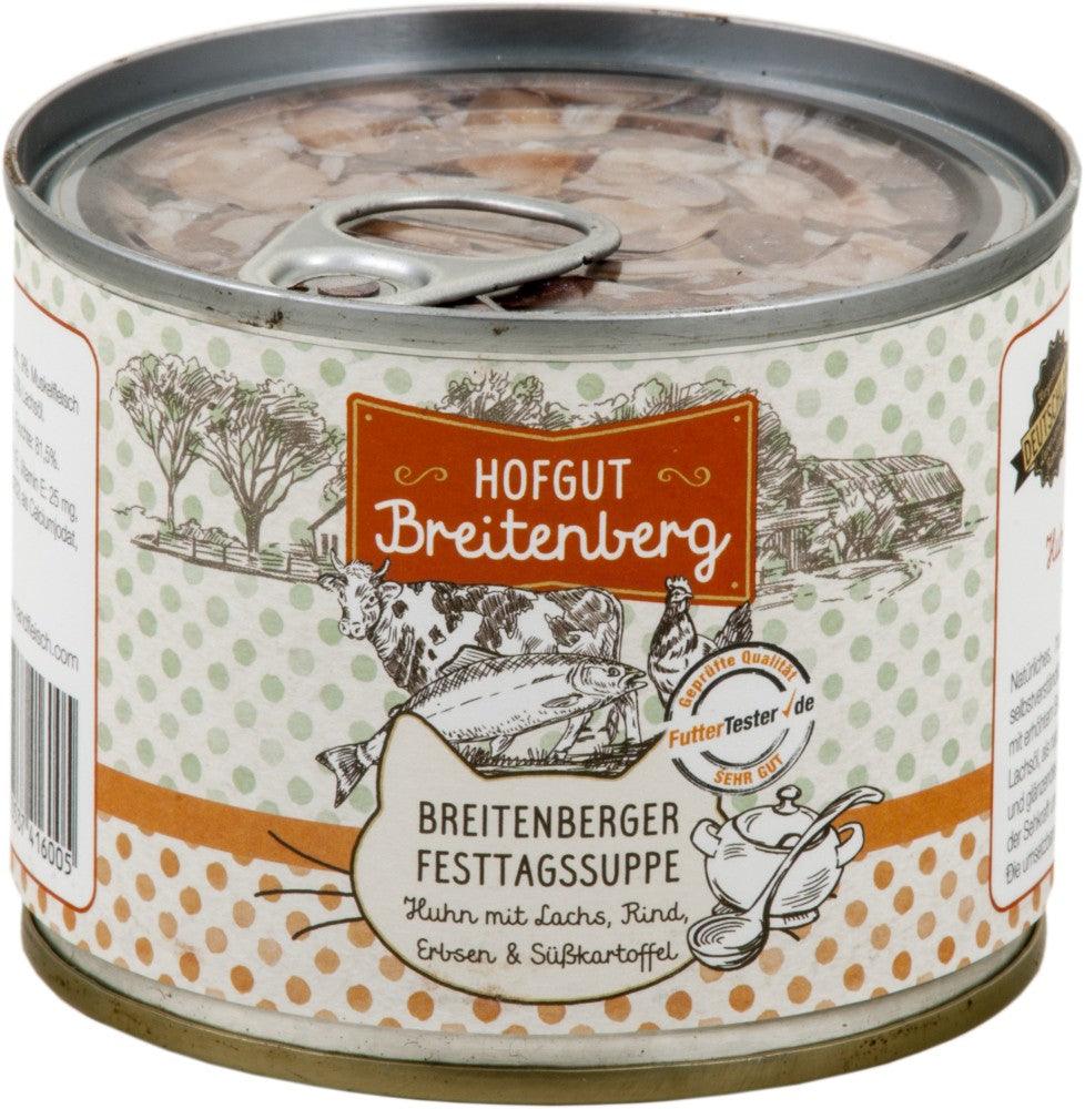 Artikel mit dem Namen Hofgut Breitenberg Cat Breitenberger Festtagssuppe Huhn im Shop von zoo.de , dem Onlineshop für nachhaltiges Hundefutter und Katzenfutter.