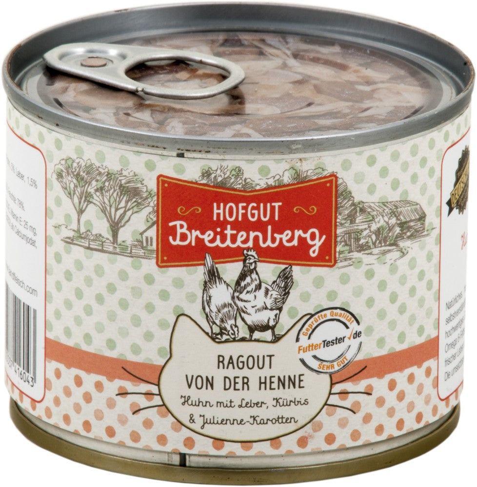 Artikel mit dem Namen Hofgut Breitenberg Cat Ragout von der Henne im Shop von zoo.de , dem Onlineshop für nachhaltiges Hundefutter und Katzenfutter.