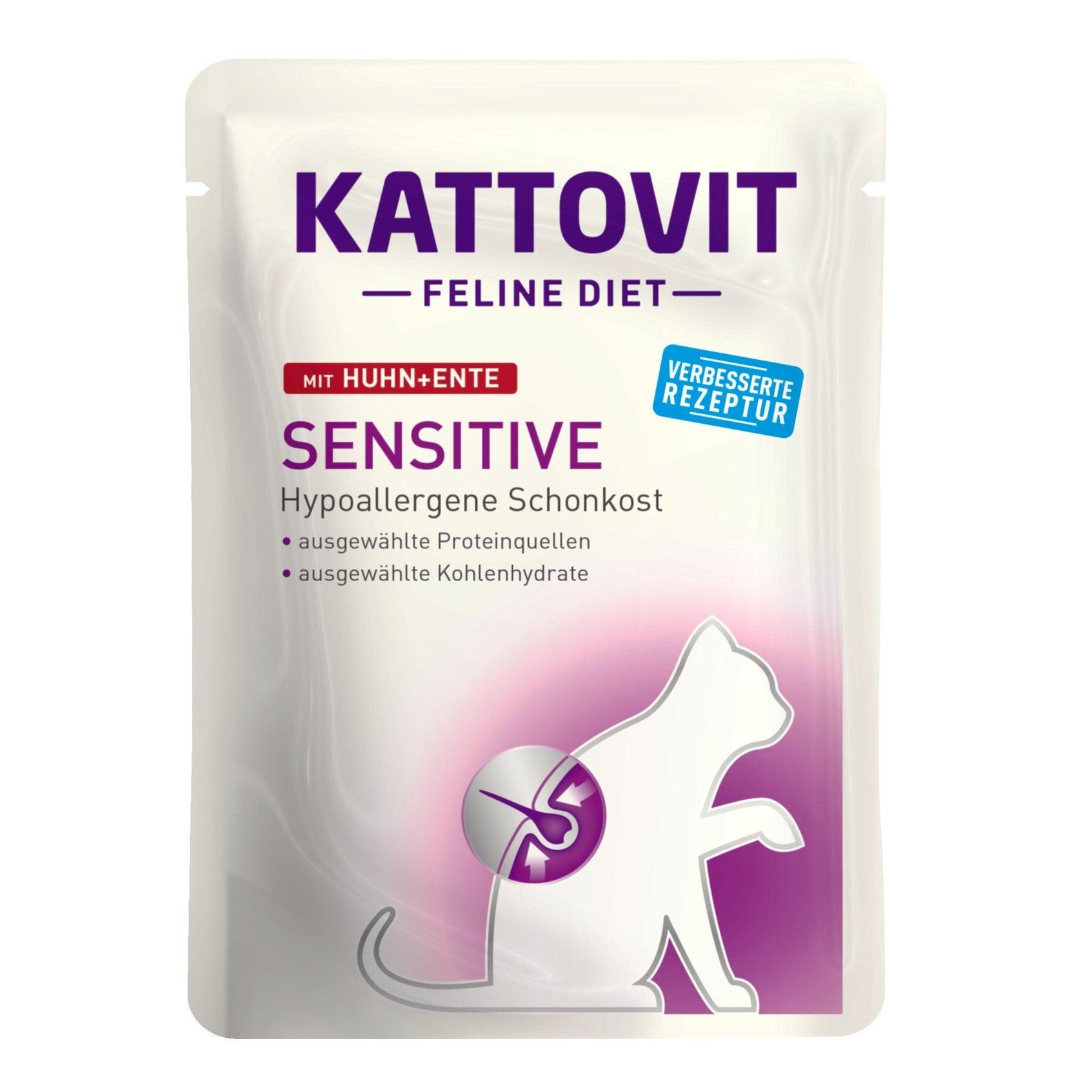 Artikel mit dem Namen Kattovit Feline Diet Sensitive Huhn + Ente im Shop von zoo.de , dem Onlineshop für nachhaltiges Hundefutter und Katzenfutter.