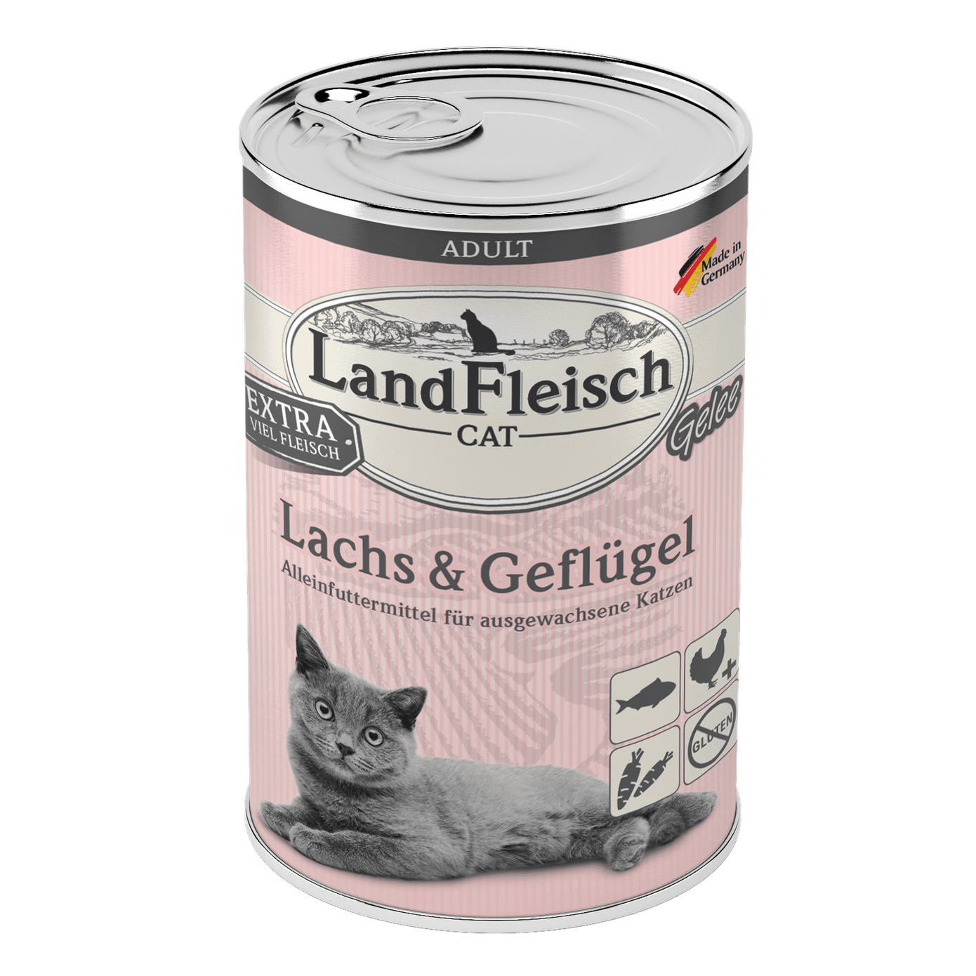 Artikel mit dem Namen LandFleisch Cat Adult Gelee Lachs & Geflügel im Shop von zoo.de , dem Onlineshop für nachhaltiges Hundefutter und Katzenfutter.