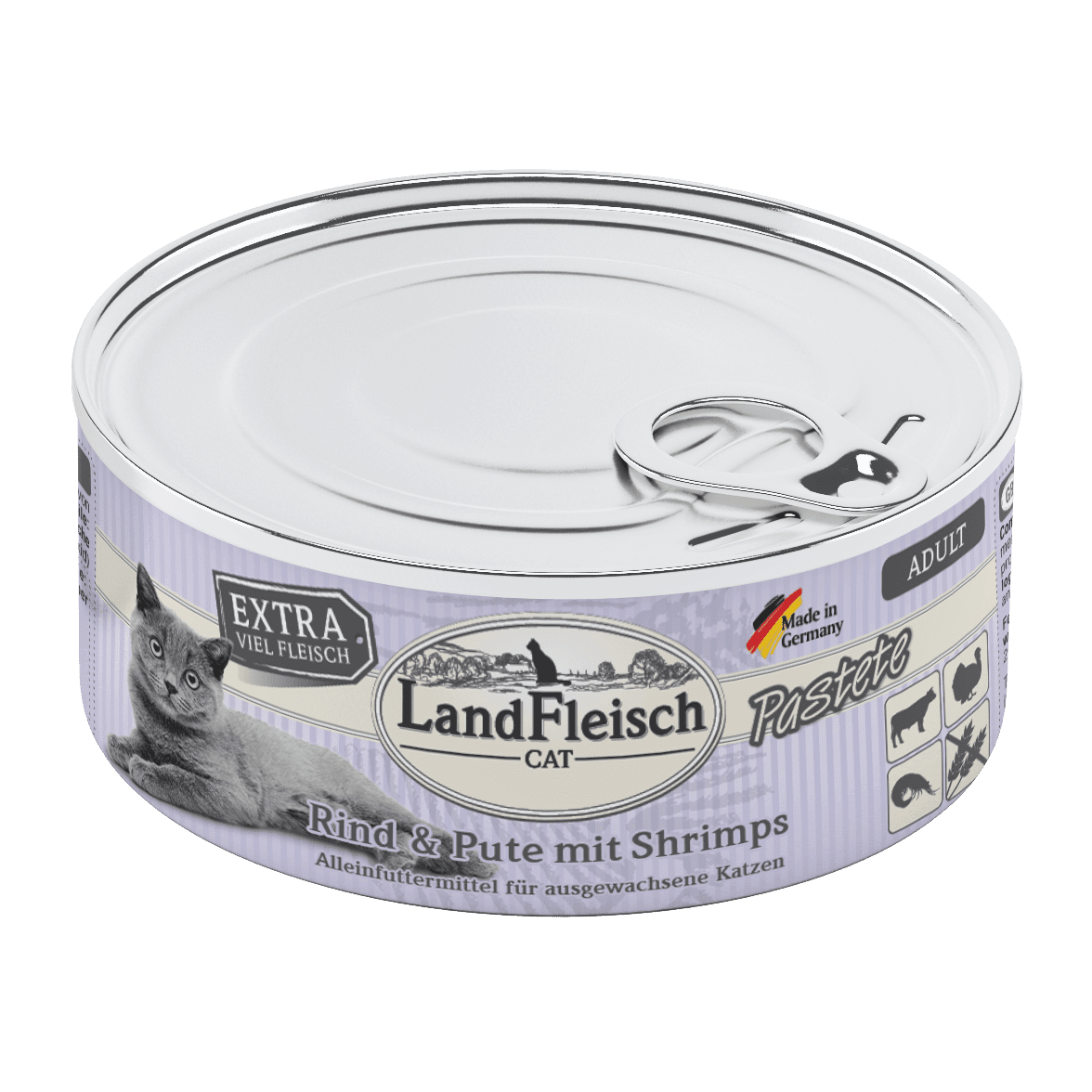 Artikel mit dem Namen LandFleisch Cat Adult Pastete Rind & Pute mit Shrimps im Shop von zoo.de , dem Onlineshop für nachhaltiges Hundefutter und Katzenfutter.