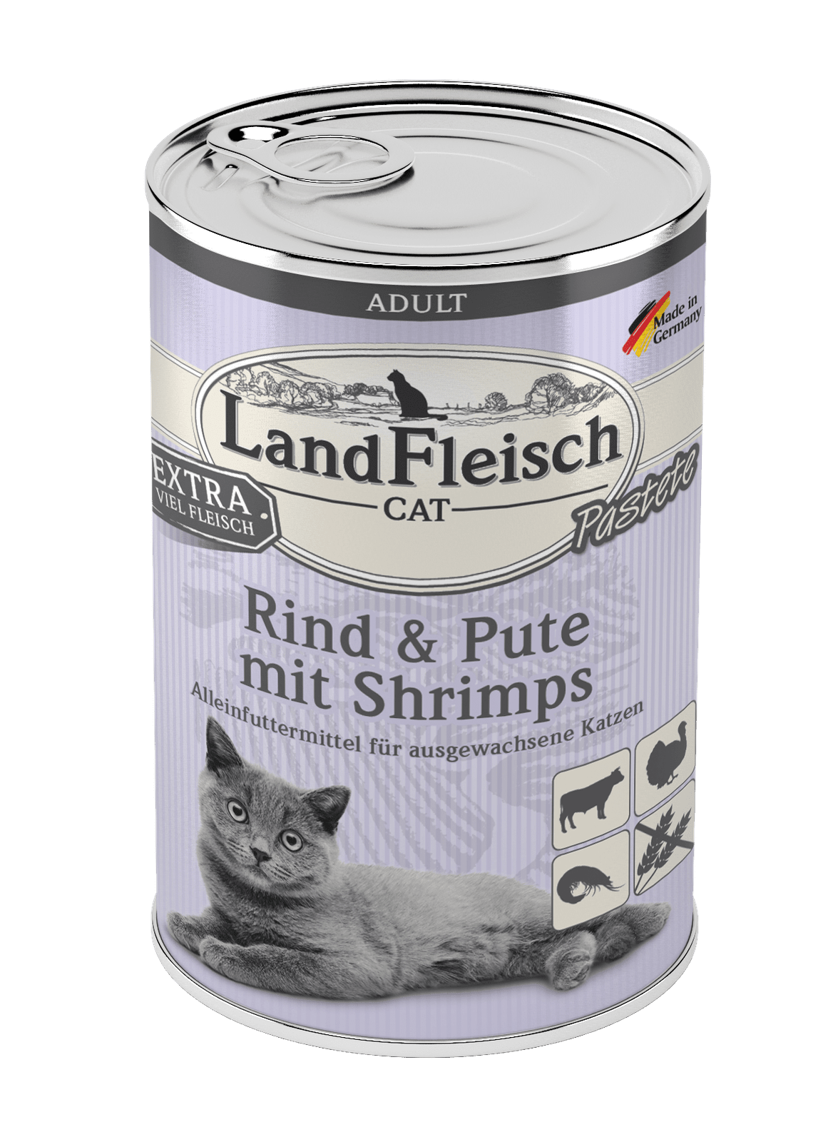 Artikel mit dem Namen LandFleisch Cat Adult Pastete Rind & Pute mit Shrimps im Shop von zoo.de , dem Onlineshop für nachhaltiges Hundefutter und Katzenfutter.