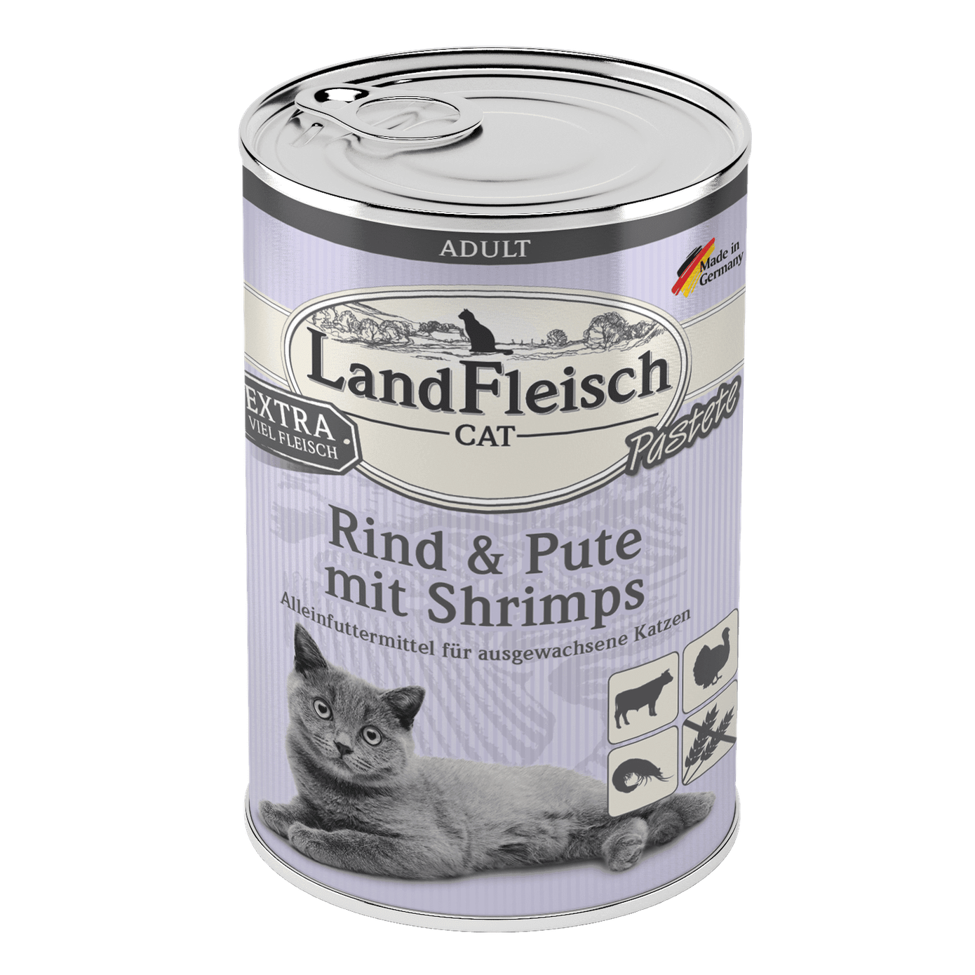 Artikel mit dem Namen LandFleisch Cat Adult Pastete Rind & Pute mit Shrimps im Shop von zoo.de , dem Onlineshop für nachhaltiges Hundefutter und Katzenfutter.