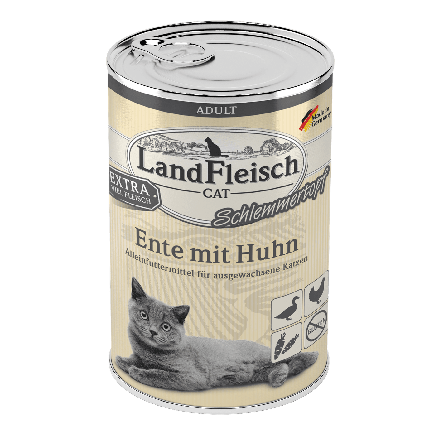 Artikel mit dem Namen LandFleisch Cat Adult Schlemmertopf Ente mit Huhn im Shop von zoo.de , dem Onlineshop für nachhaltiges Hundefutter und Katzenfutter.