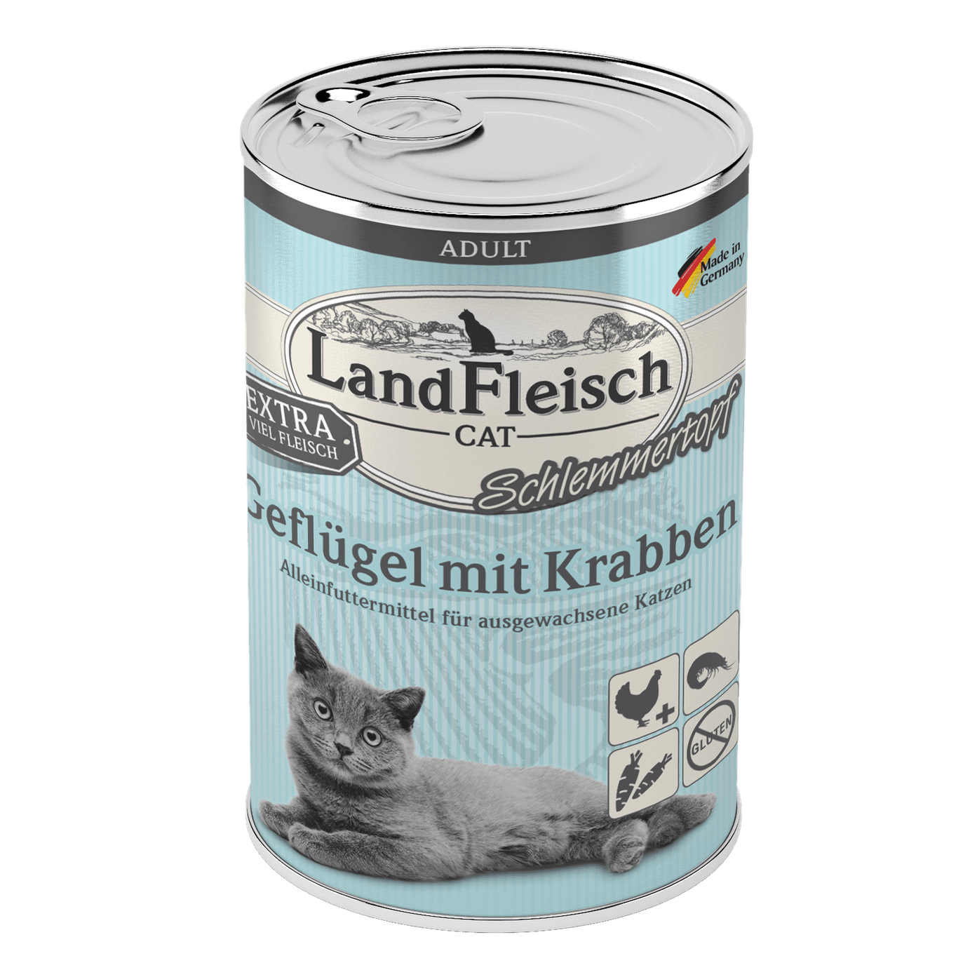 Artikel mit dem Namen LandFleisch Cat Adult Schlemmertopf Geflügel mit Krabben im Shop von zoo.de , dem Onlineshop für nachhaltiges Hundefutter und Katzenfutter.