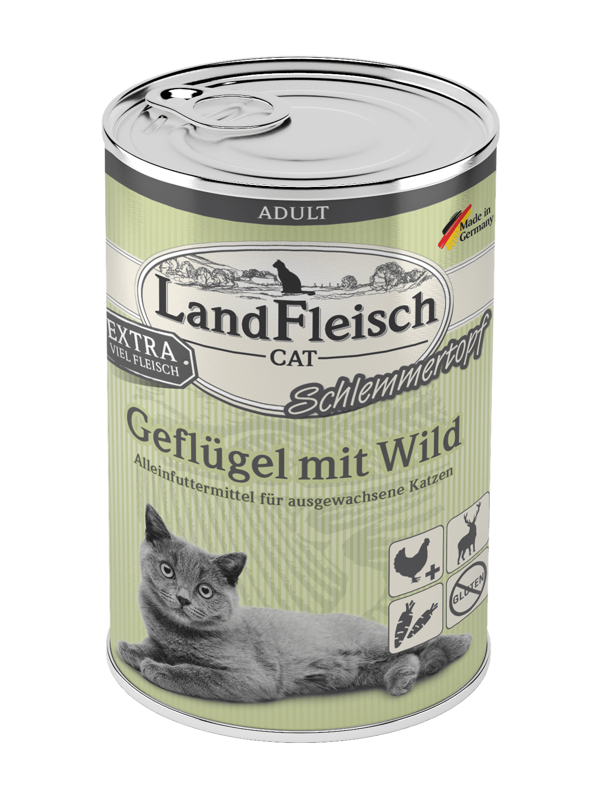 Artikel mit dem Namen LandFleisch Cat Adult Schlemmertopf Geflügel mit Wild im Shop von zoo.de , dem Onlineshop für nachhaltiges Hundefutter und Katzenfutter.