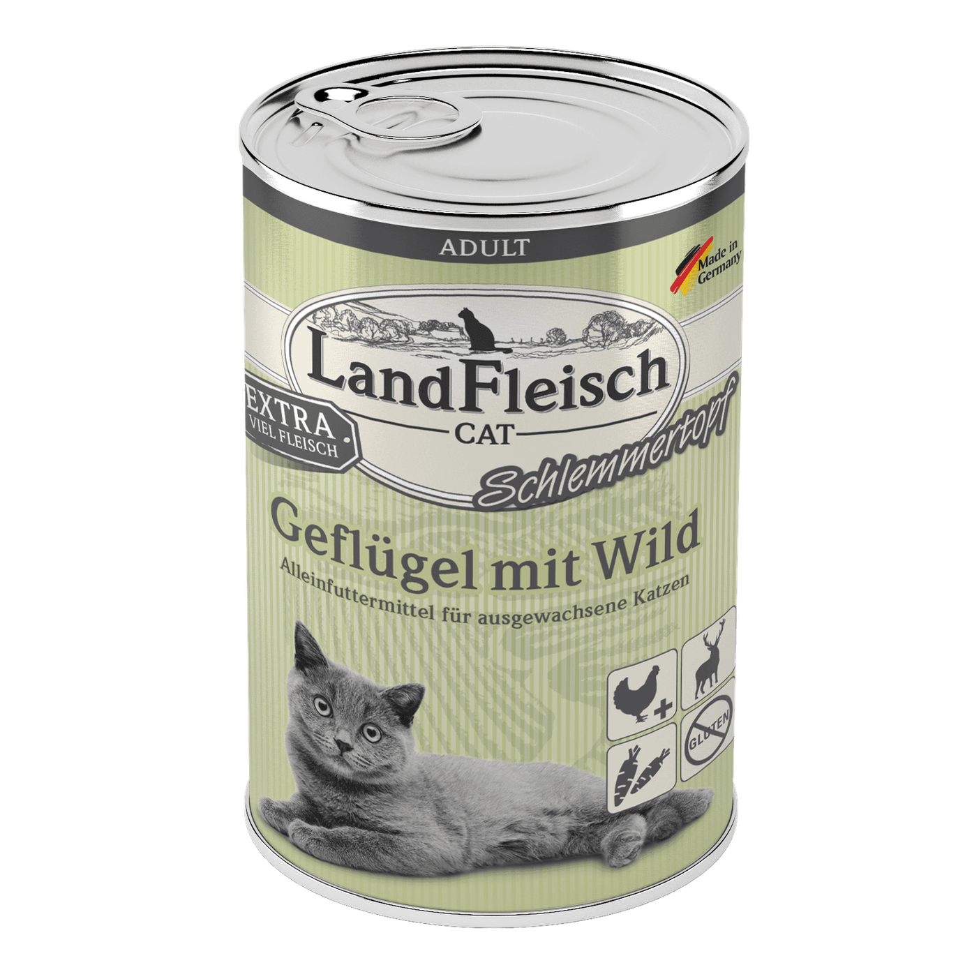 Artikel mit dem Namen LandFleisch Cat Adult Schlemmertopf Geflügel mit Wild im Shop von zoo.de , dem Onlineshop für nachhaltiges Hundefutter und Katzenfutter.