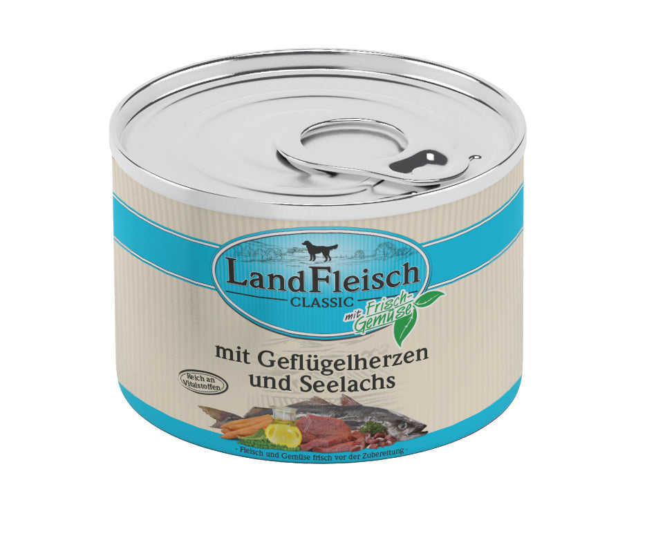 Artikel mit dem Namen LandFleisch Classic Geflügelherzen & Seelachs mit Frischgemüse im Shop von zoo.de , dem Onlineshop für nachhaltiges Hundefutter und Katzenfutter.