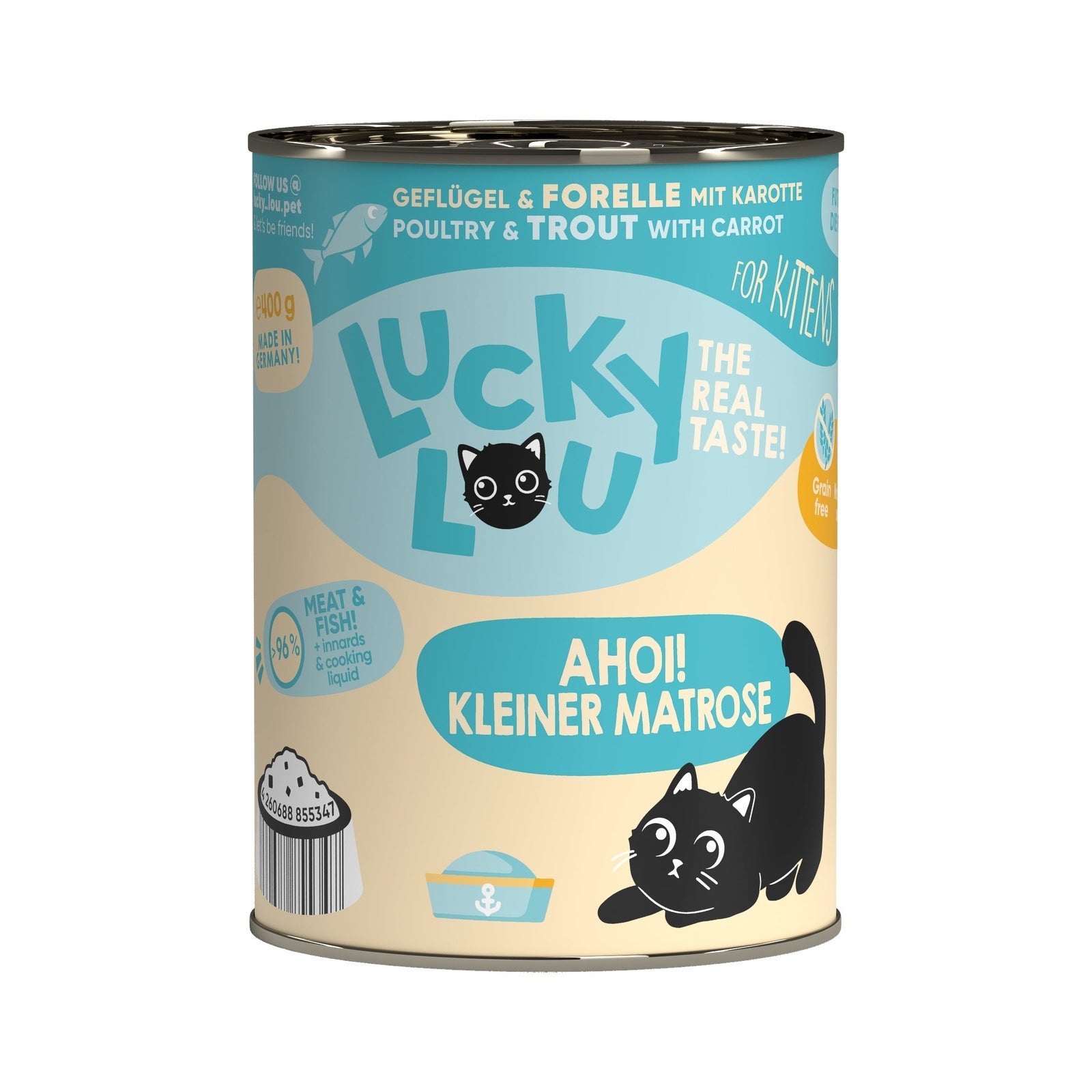 Artikel mit dem Namen Lucky Lou Lifestage Kitten Geflügel + Forelle im Shop von zoo.de , dem Onlineshop für nachhaltiges Hundefutter und Katzenfutter.